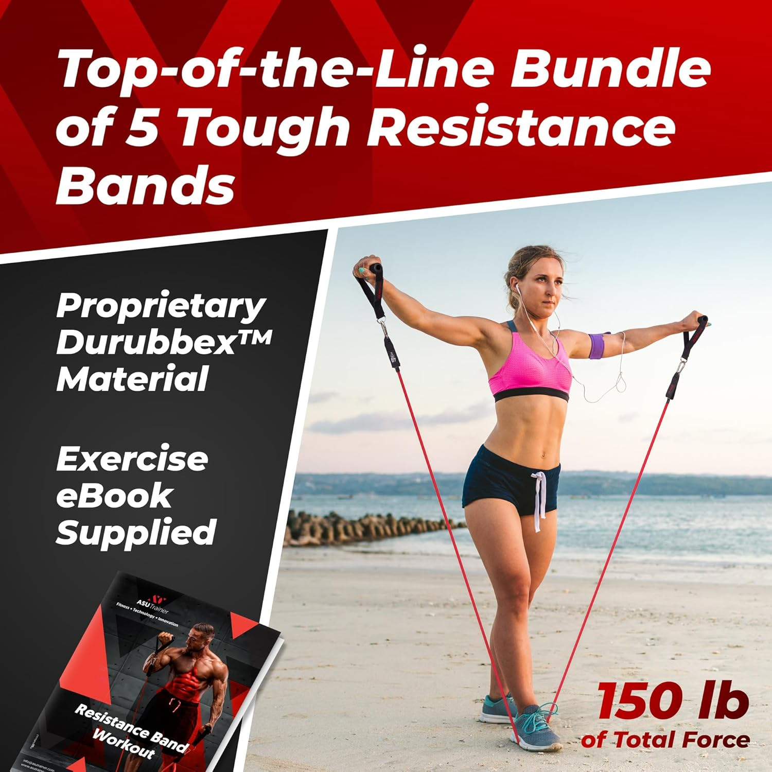 Tube Resistance Bands, 5 Exercise Bands, 10&ndash;50 Lb, Tough Exercise Equipment Made of Durubbex, Resistance Bands for Working Out W/Ankle Straps & Door Anchor, Fitness & Workout Equipment image number 3