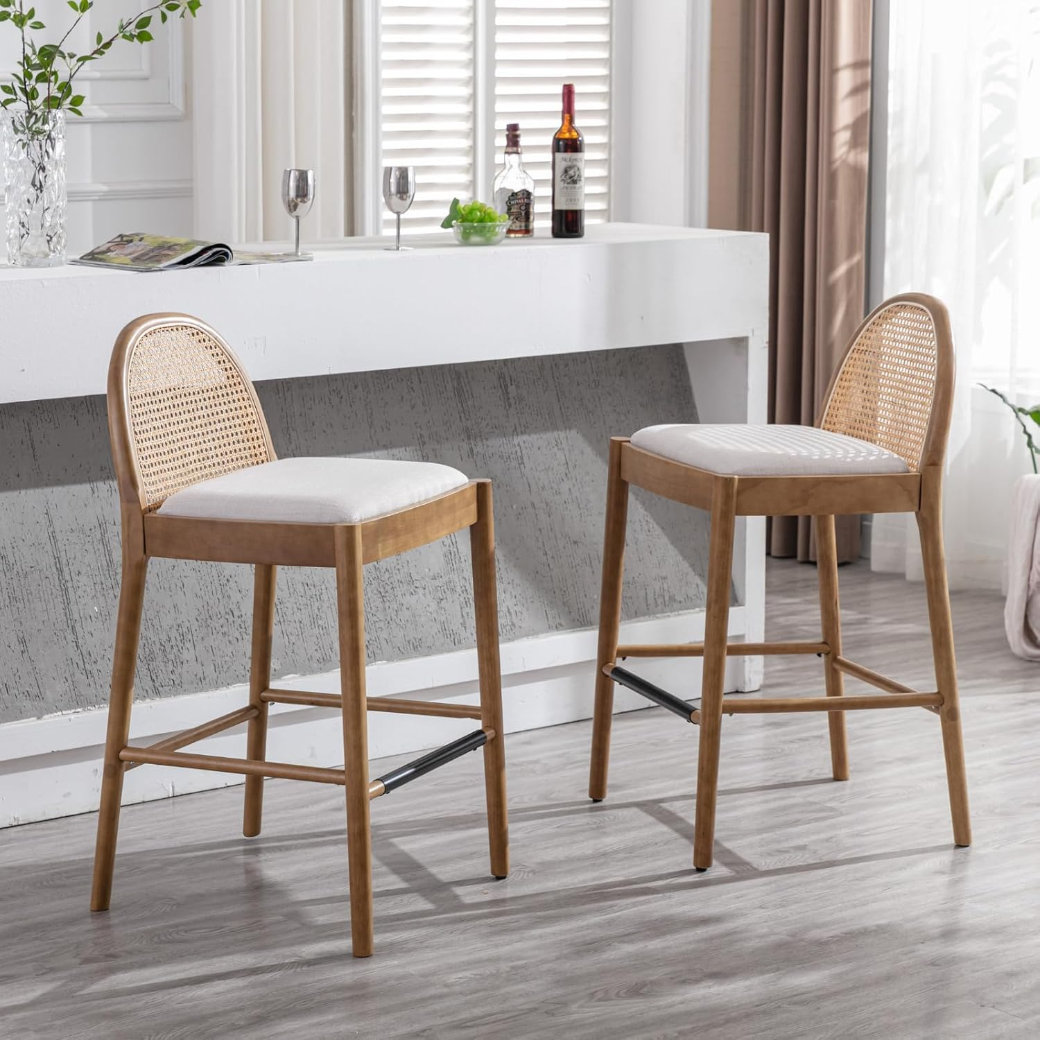 Ya-Home Mid-Century Bar Stools Set of 2, 30 Inch Counter Height Rattan Back Linen Barstools Comfy Upholstered Bar Chairs with Wooden Legs for Kitchen Dining Room, Beige image number 6