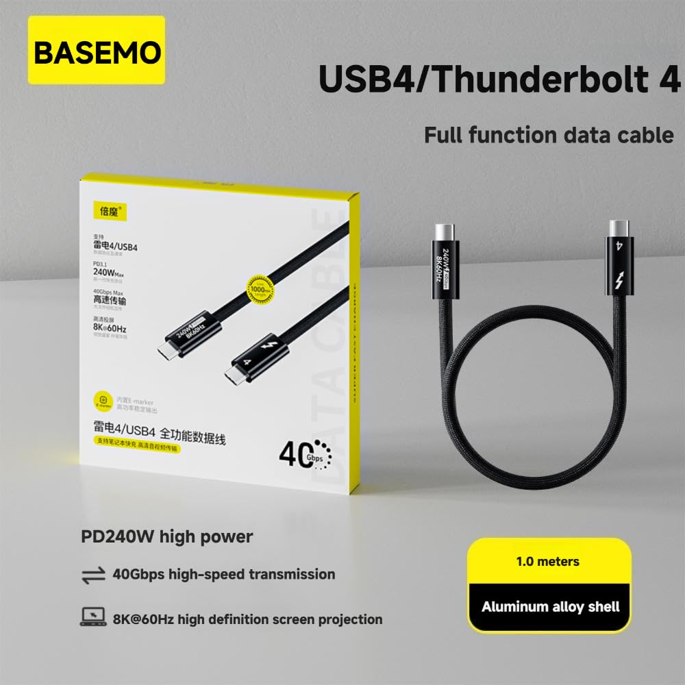 BASEMO Usb4/Thunderbolt 4 Braided Cable 1M, 40Gbps High Speed Data, 8K@60Hz Video, 240W PD 3.1 Fast Charging, USB C Cord for Macbook, SSD, Iphone 15, Monitor