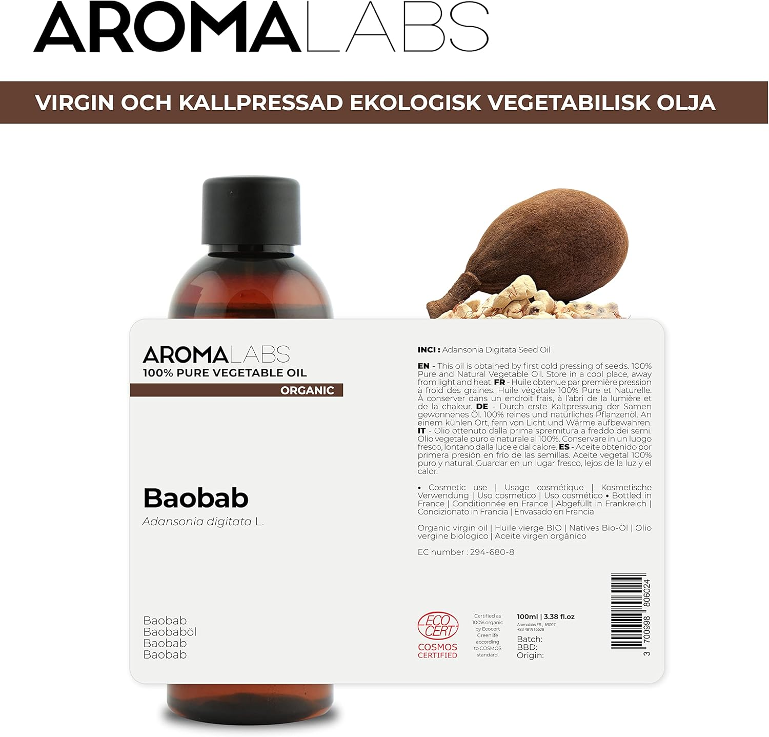 ORGANIC - BAOBAB Oil - 100Ml - 100% Pure, Natural, Cold Pressed and Cosmos Certified - AROMA LABS (French Brand) image number 2