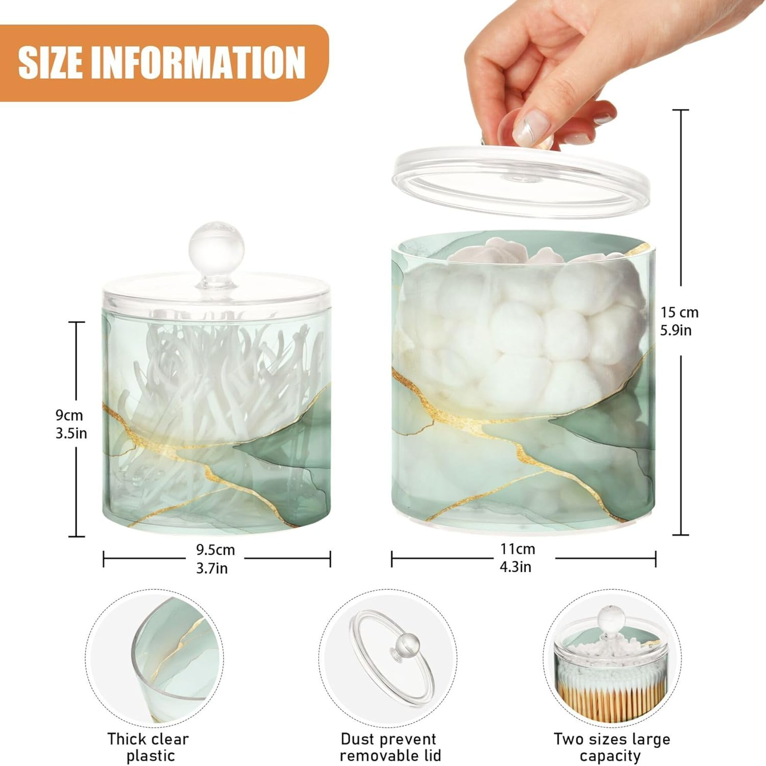 Marble White Sage Green Clear Plastic Makeup Organizer Storage with Lid Dresser Essentials Decorative Storage Bins for Floss Picks,Paper Clips,2 Pack - Color 11 image number 2