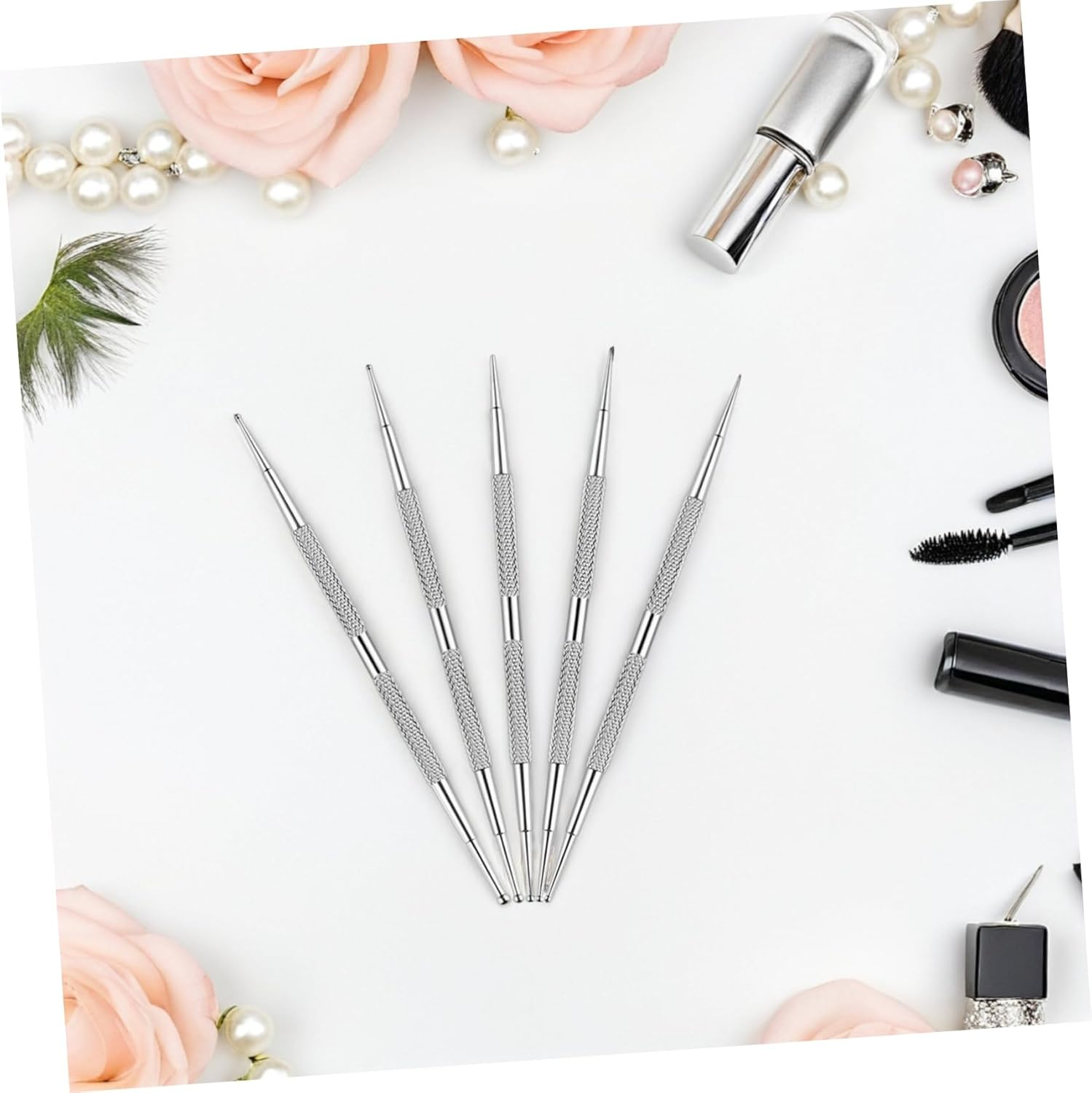 Healvian 5Pcs Nail Art Drill Pen Nail Design Dot Tool Silver Stainless Steel