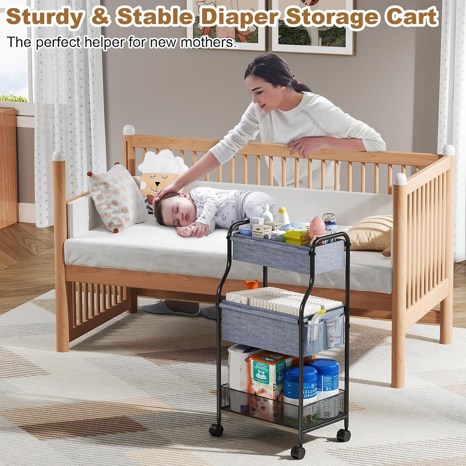 3-Tier Baby Diaper Caddy Organizer Cart with Dividers & Side Pockets, Mobile Metal Utility Cart with Rolling Wheels for Nursery Essentials, Large Capacity Rolling Carts for Crib, Bedroom, Bathroom image number 4