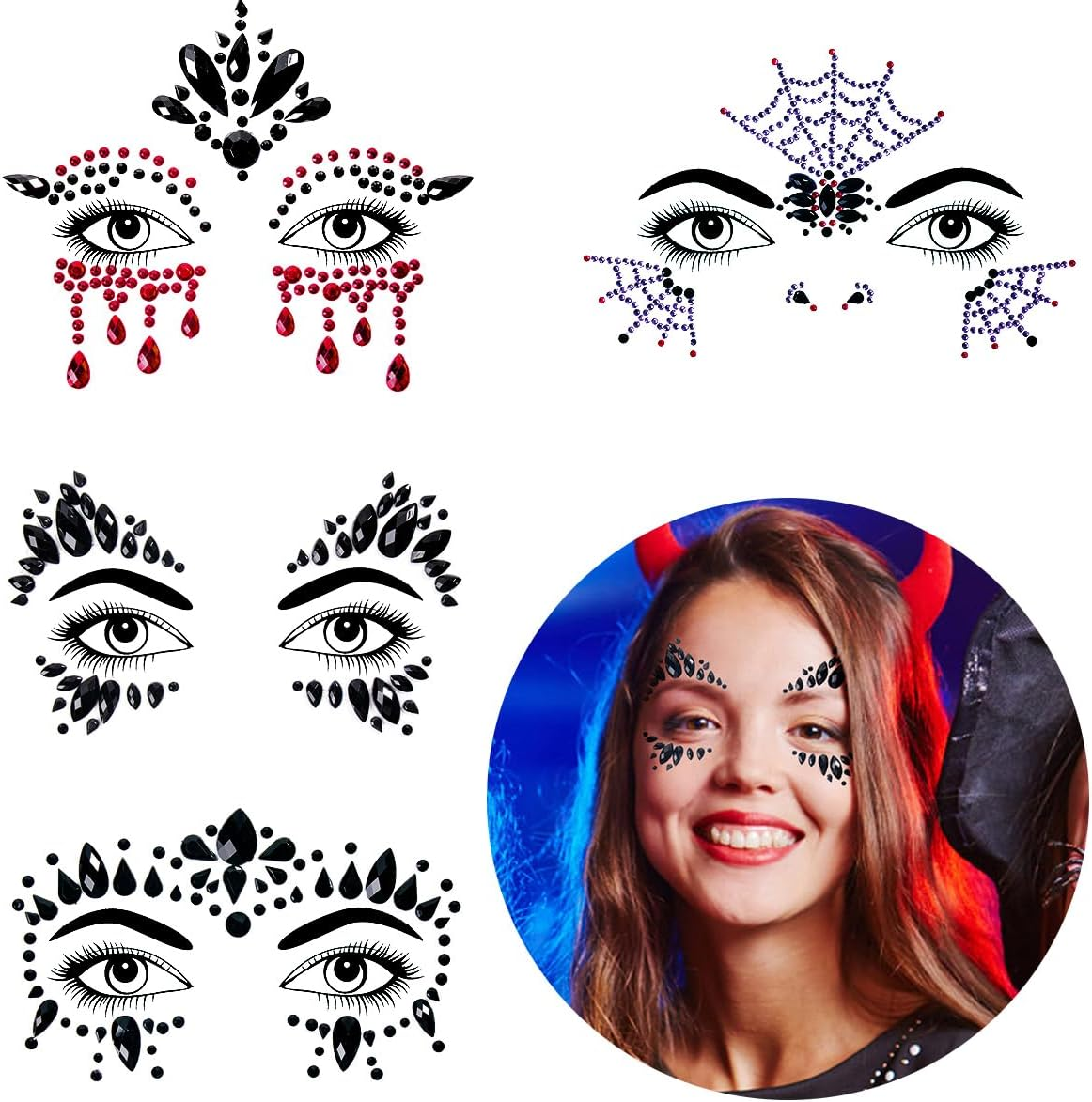 Bowitzki Halloween Face Jewels Festival Design Women Mermaid Face Gems Rhinestone Crystals Stickers Eyes Body Temporary Tattoos (4 Set B)