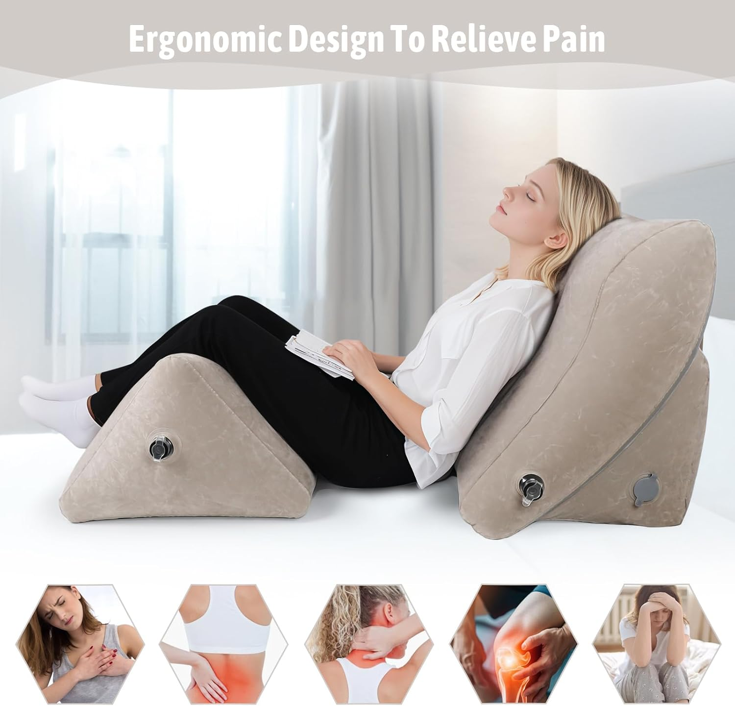 Inflatable Bed Wedge Pillow Set, 2 PCS Adjustable Sitting Pillows with Removable Mesh Cover, Post Surgery Support for Back and Leg Pain Relief, GERD Sleeping image number 4