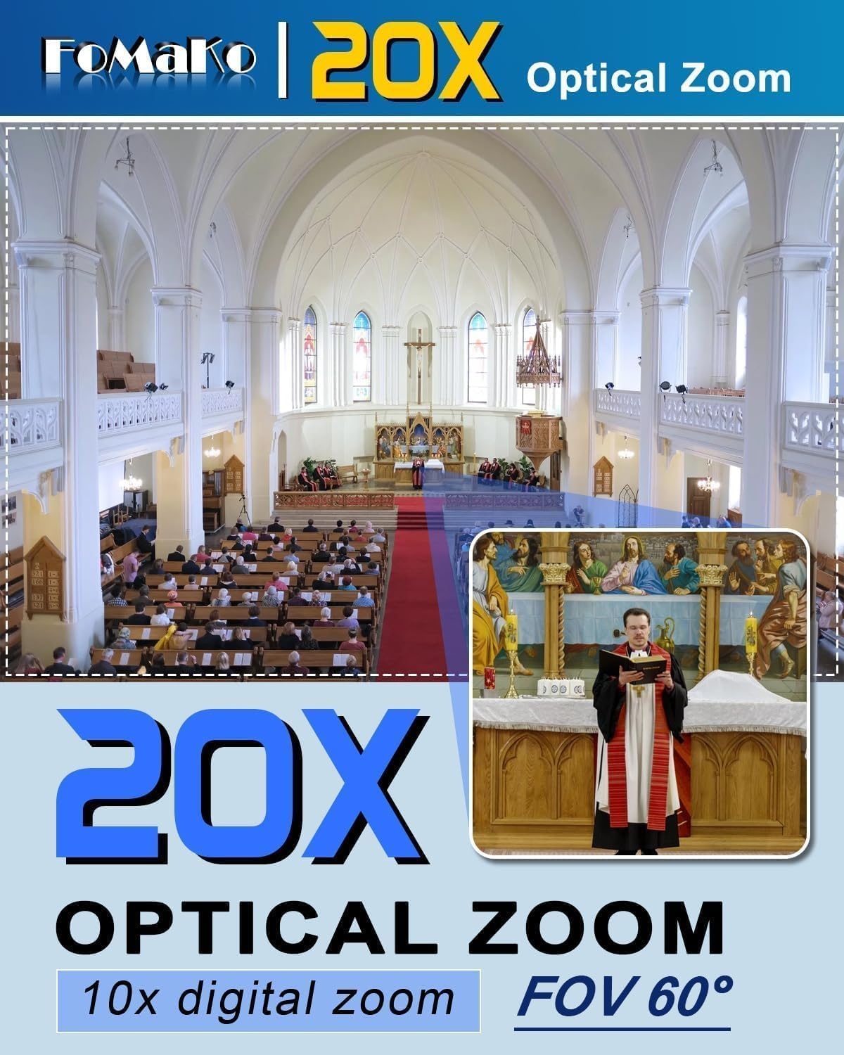 Fomako 4K PTZ Camera NDI HX3 AI Auto-Tracking, 20X Optical Zoom, NDI PTZ Camera 4K for Church Worship, Education, Live Events, Youtube OBS Live Streaming, NDI License Included, K20UH NDI Version image number 1