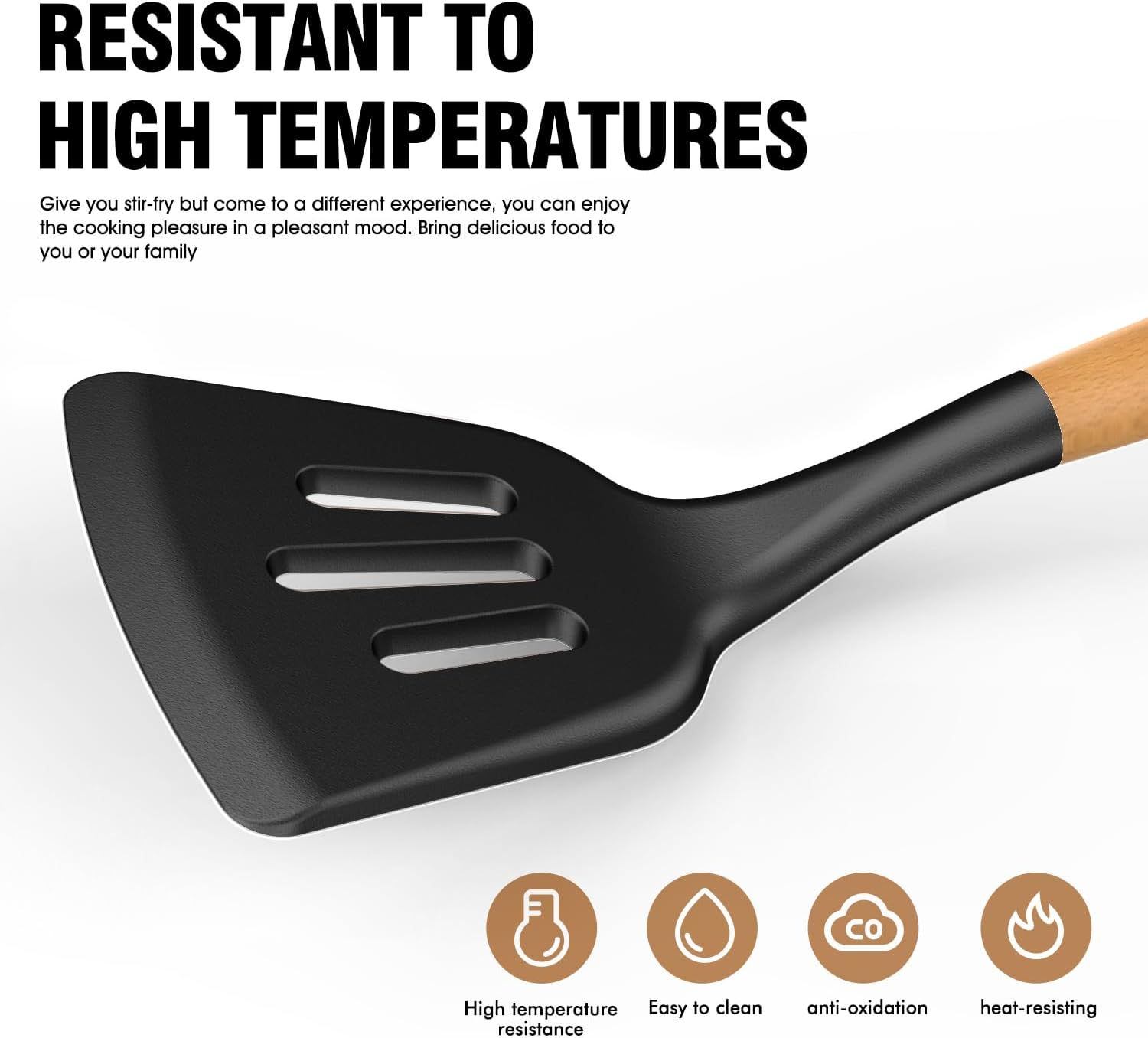 Silicone Cooking Utensils Set - Silicone Kitchen Utensils for Cooking Wooden Handles, 446&deg;F Heat Resistant Kitchen Utensil Spatula Sets W Holder, Gadgets for Non-Stick Cookware BPA Free (Black) - Black image number 4