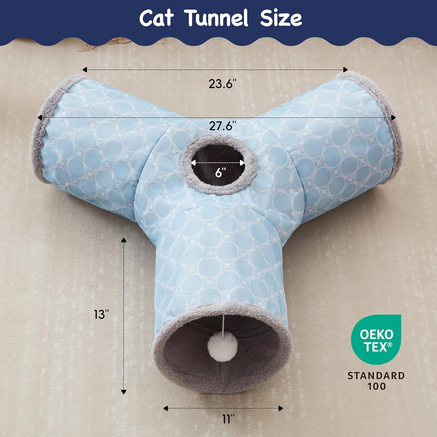 Tempcore Cat Tunnels for Indoor Cats Fleece-Lined in for Warmth, Pet Tube Toys 3 Way Collapsible, Pet Play Tunnel with Peek Hole Toy Ball for Kitty, Kitten, Rabbit, Geometry Blue - 3-Way Blue image number 4