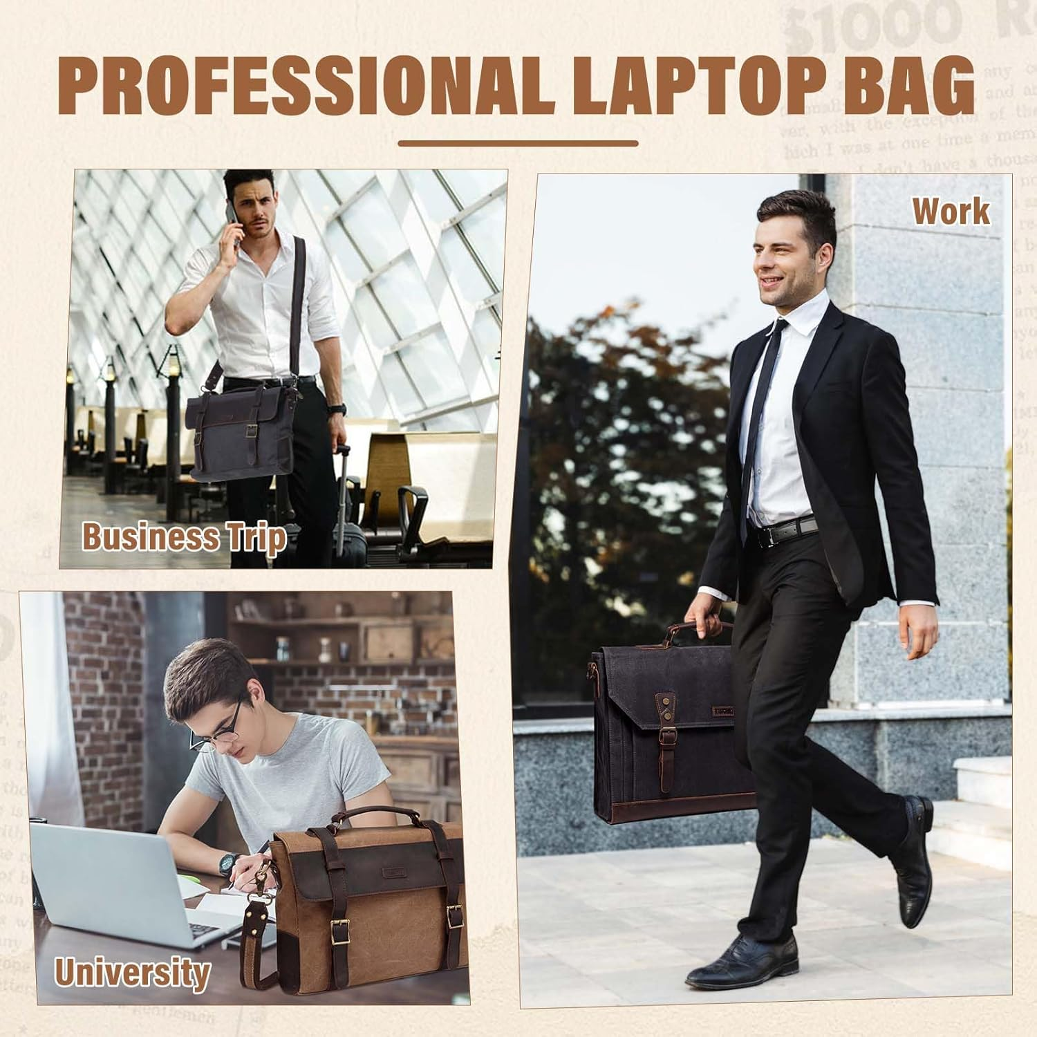 Vaschy Waxed Canvas Leather Messenger Bag for Men Vintage Laptop Bag Satchel Business Briefcase Shoulder Bag for Wrok, Travel Ftis 15.6In Laptop Gray image number 3