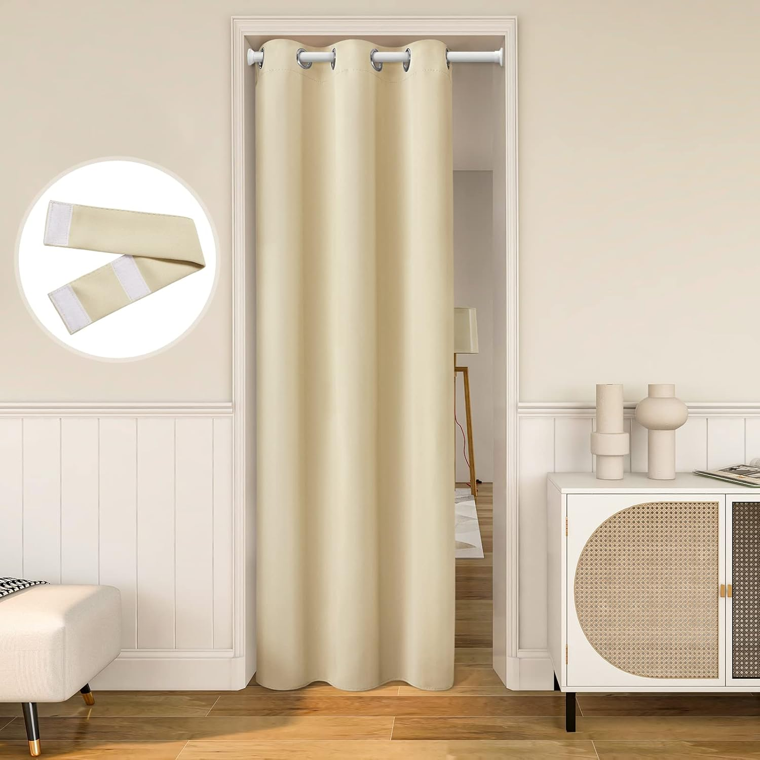 HOMEIDEAS Greyish White Doorway Curtains Privacy, Grommet Closet Curtain for Bedroom, 80 Inches Length Solid Blackout Door Cover Curtains, Tie Back Insulated Window Curtain Drape, 1 Panel