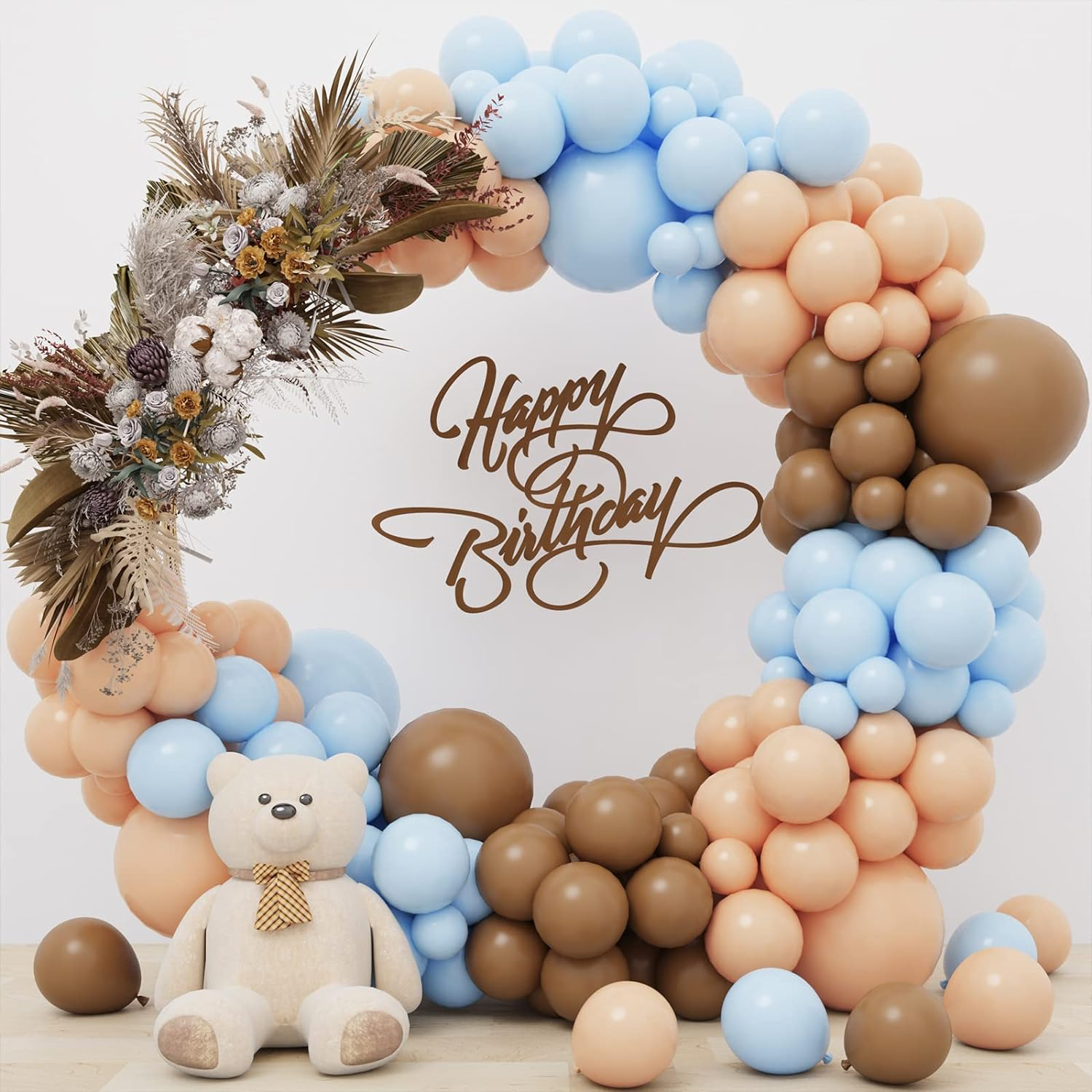 RUBFAC 156Pcs Brown Coffee Blue Balloon Garland Arch Kit with Boho Brown Nude Blue Balloons for Teddy Bear Baby Shower, Gender Reveal and Birthday Party Decoration image number 1