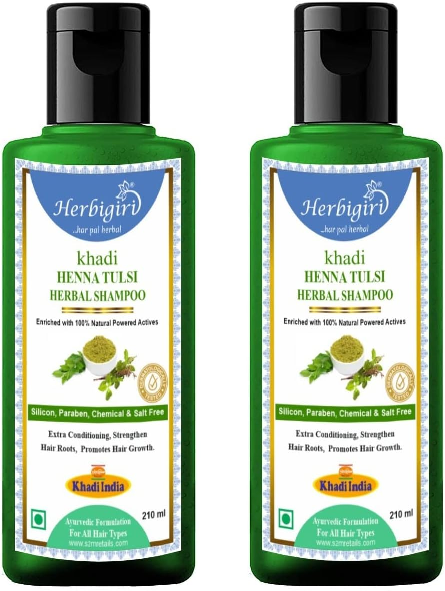 Herbigiri Khadi Natural Henna Tulsi Herbal Shampoo 210Ml Pack of 6