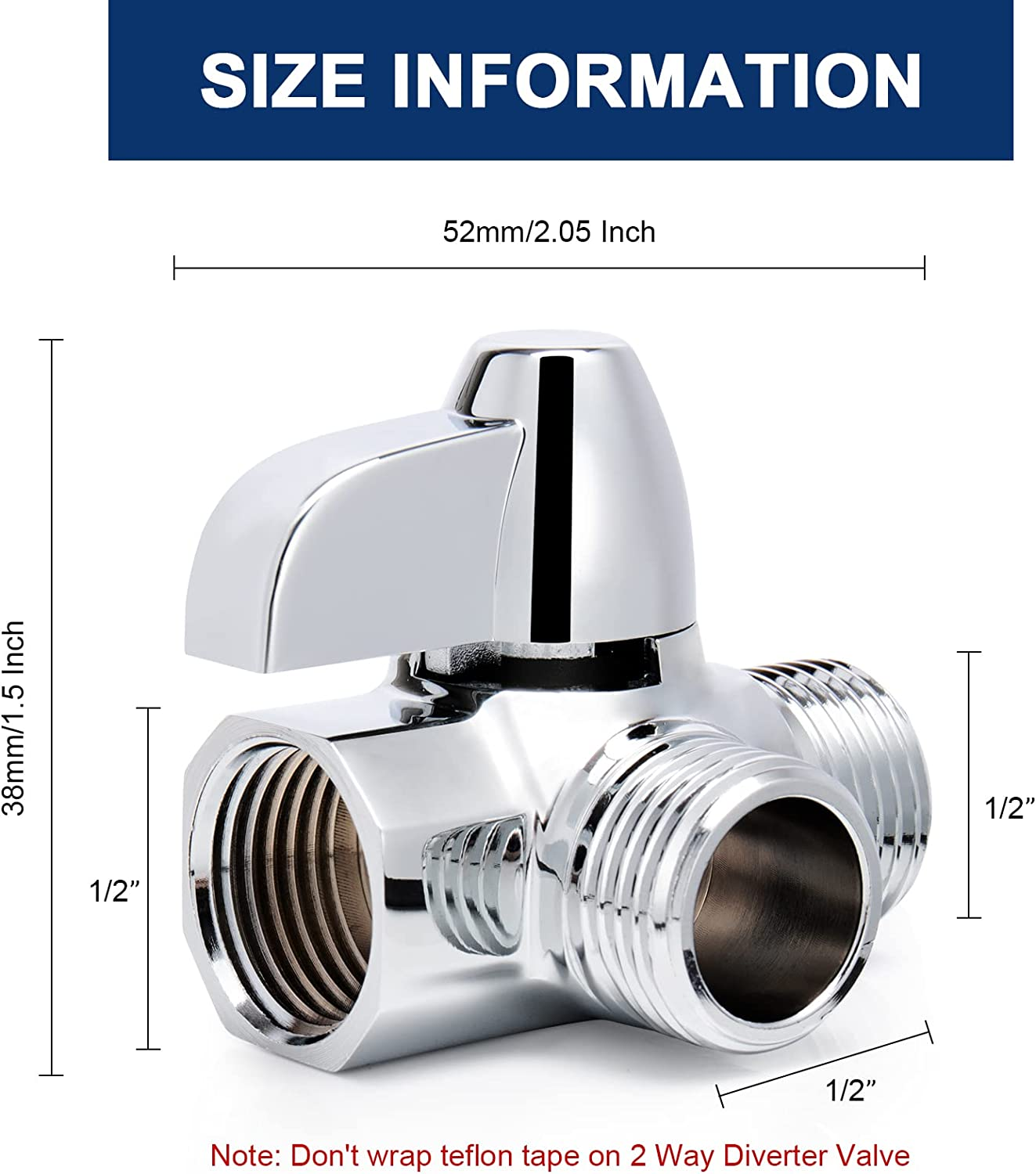 Nearmoon Solid Brass G1/2" Shower Arm 2-Way Diverter Valve for Hand Shower and Fixed Spray Head T-Adapter (Chrome Finish) image number 1