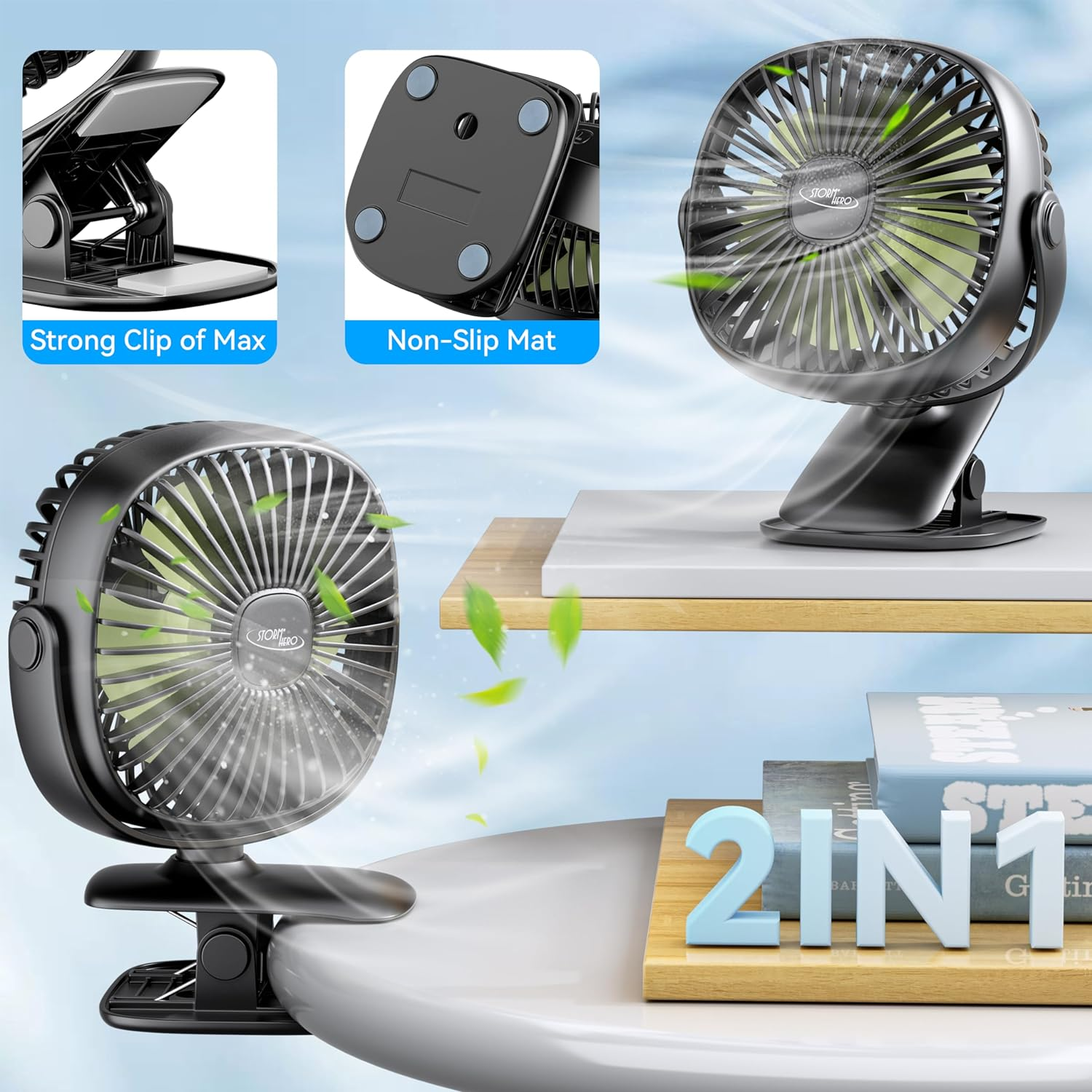 STORMHERO Desk Fan, Clip on Stroller Fan,Rechargeable USB Quiet Personal Fan, Strong Air 3-Speed Portable Fan, Battery Clip Adjustable Fan Bedroom Outdoor Camping Golf Cart Home Office Black image number 1