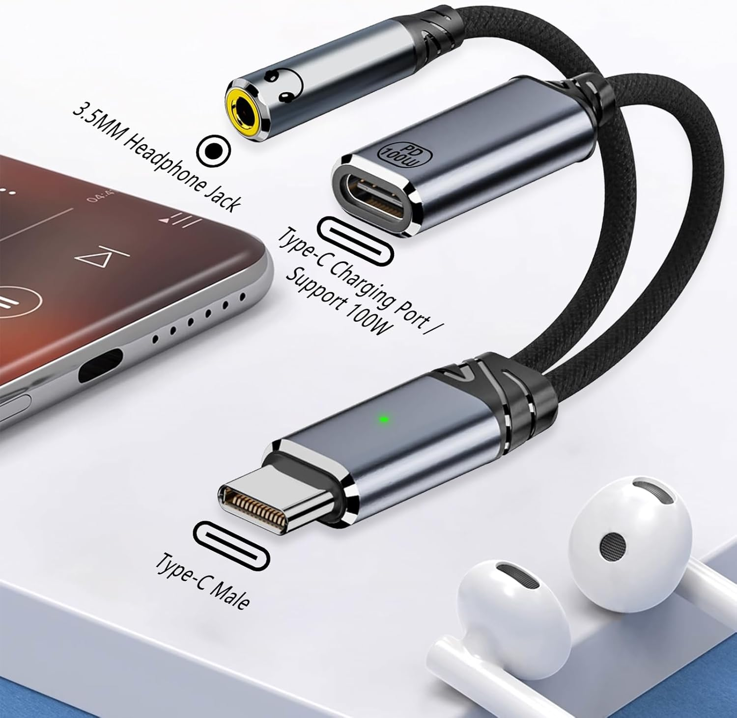 Usb C to 3.5Mm Audio Jack and Charger 2 in 1 USB C Headphone Adapter USB C to Aux with 100W PD Fast Charging Splitter Cable for Iphone 16/15 Pro/Max/Plus/Ipad 10 Pro for Samsung S24 S23 Google Pixel 9 image number 2