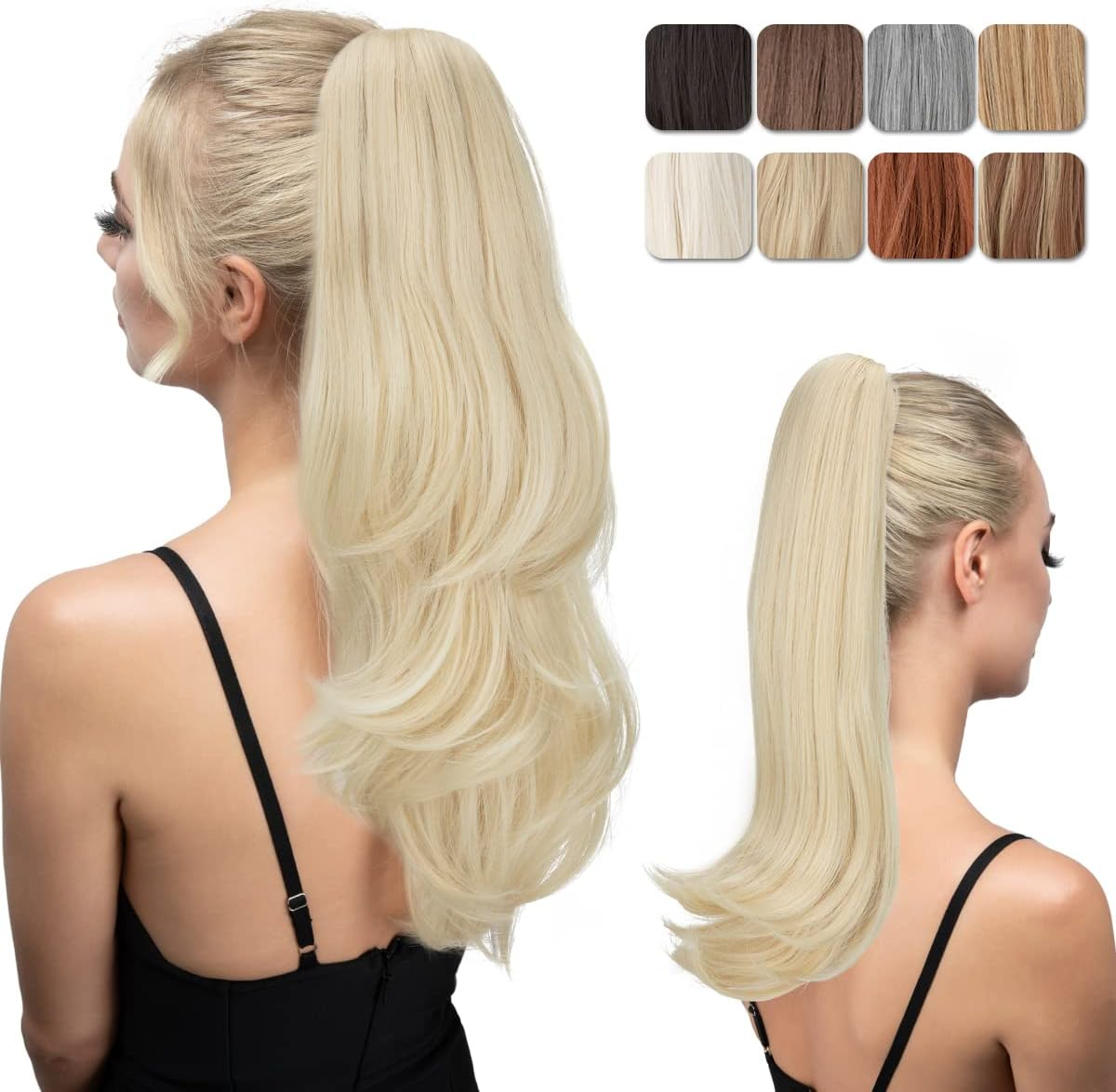 18" Clip in Ponytail Extension, Drawstring Ponytail Hair Extension, Long Straight Curly Synthetic Versatile Bangs (Beach Blonde)