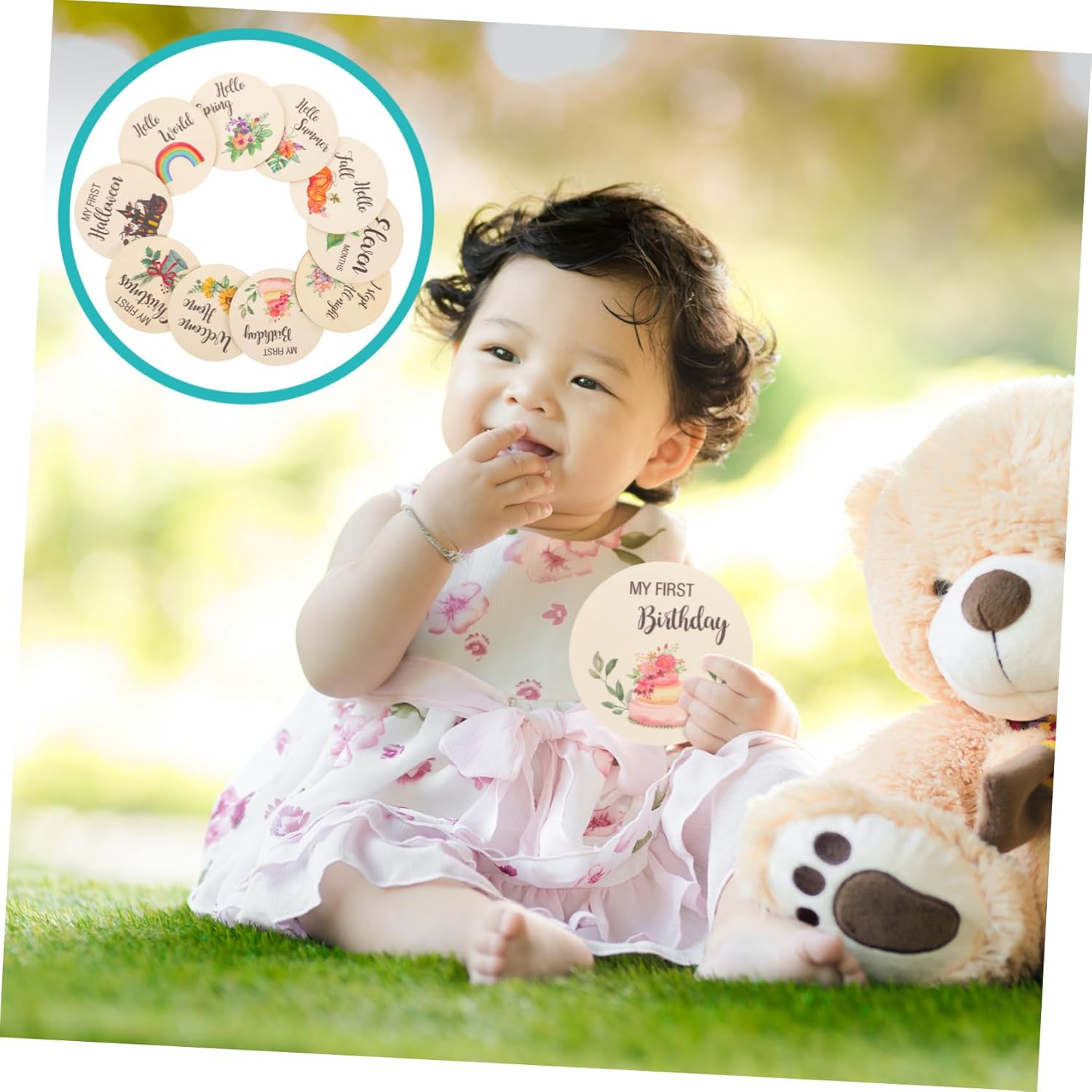 ERINGOGO 1Set Cards Wooden Monthly Growth Signs for Newborn Photo Props Age Discs for Shower Nursery Decor Beautiful Designs to Capture Memories image number 5