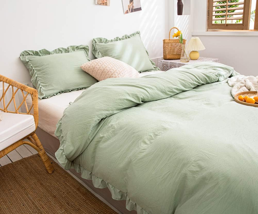 Merryword Shabby Ruffle Style Duvet Cover Queen Size Cute Sage Green Ruffled Bedding Set Soft Comfy Duvet Cover Set French Countryside Vintage Bedding (Queen, Sea Green)