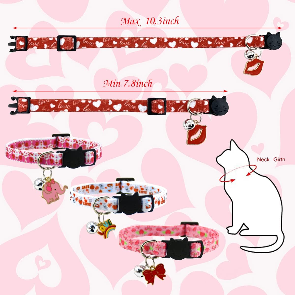 Cooshou 4PCS Valentine'S Day Cat Collars with Bells Kitten Breakaway Collar with Charming Pendants Pet Adjustable Collars with Red Lips Love Bow for Cats Kitten Small Dogs image number 1