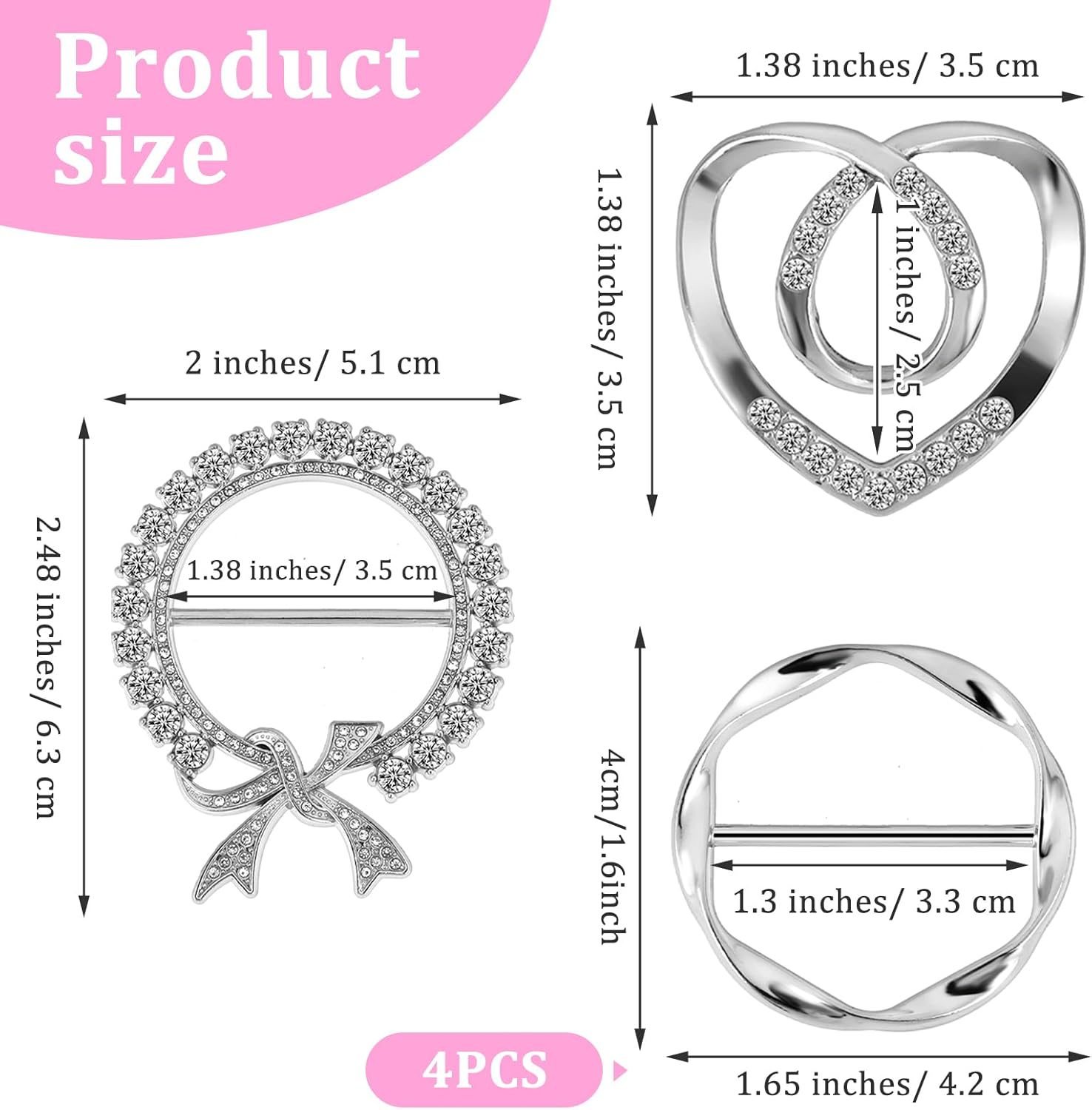6PCS Silk Scarf Ring Silver Zinc Alloy T-Shirt Tie Clips, Elegant Scarves Waist Cinchers Clasps Rhinestone Clothing Wrap Holder, round Shirt Clips Tightener for Women Loose Tshirt Clothes Scarf image number 1