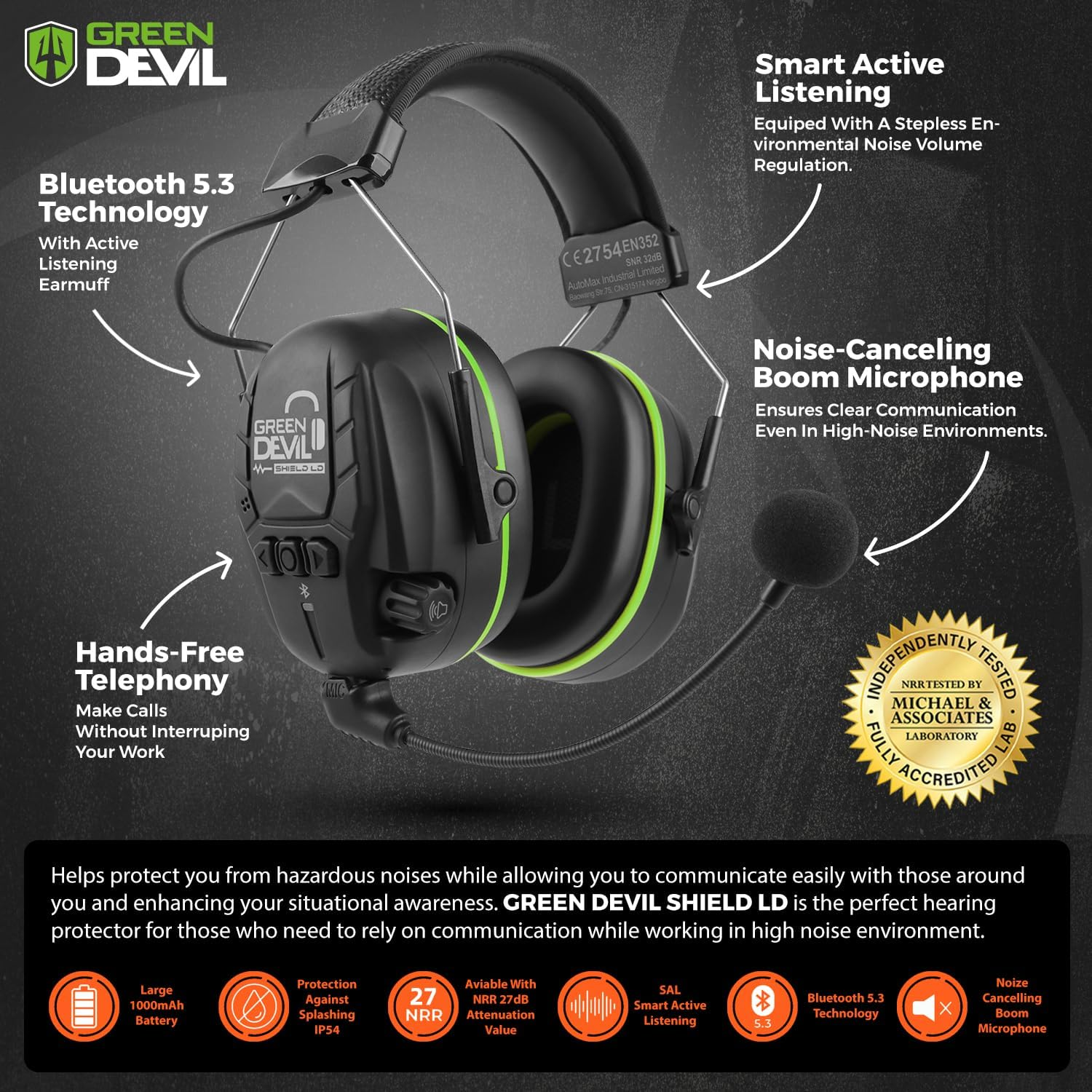 GREEN DEVIL Electronic Bluetooth Hearing Ear Protection Headphones with Boom Microphones 27Db Noise Cancelling Earmuffs - Orange image number 1