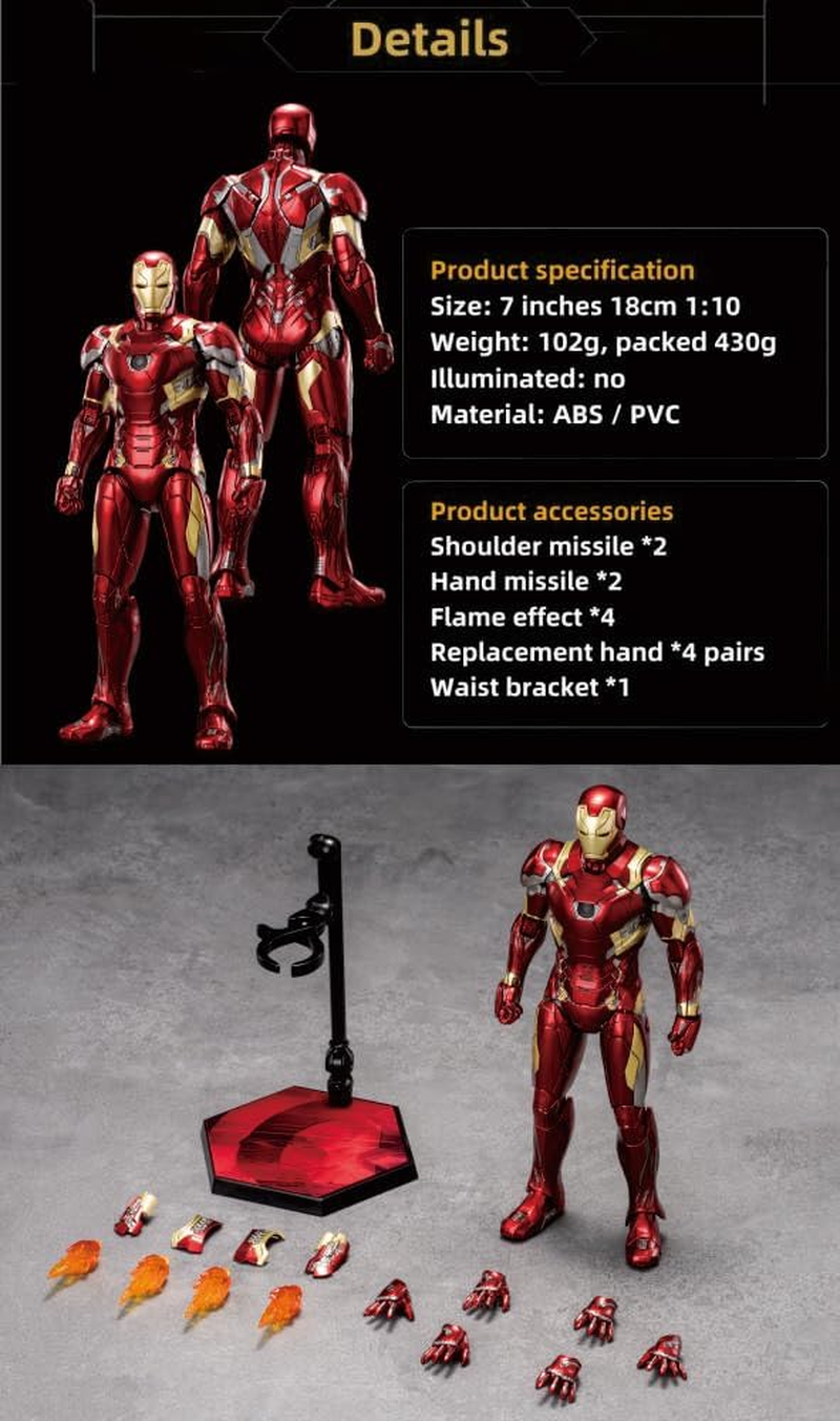 Lonullymege Ironman MK46 Action Figures-7 Inch All Joints Movable Collectable Toys-Full Metal Painting with Lots of Accessories Stark Model(1/10 Scale) image number 5