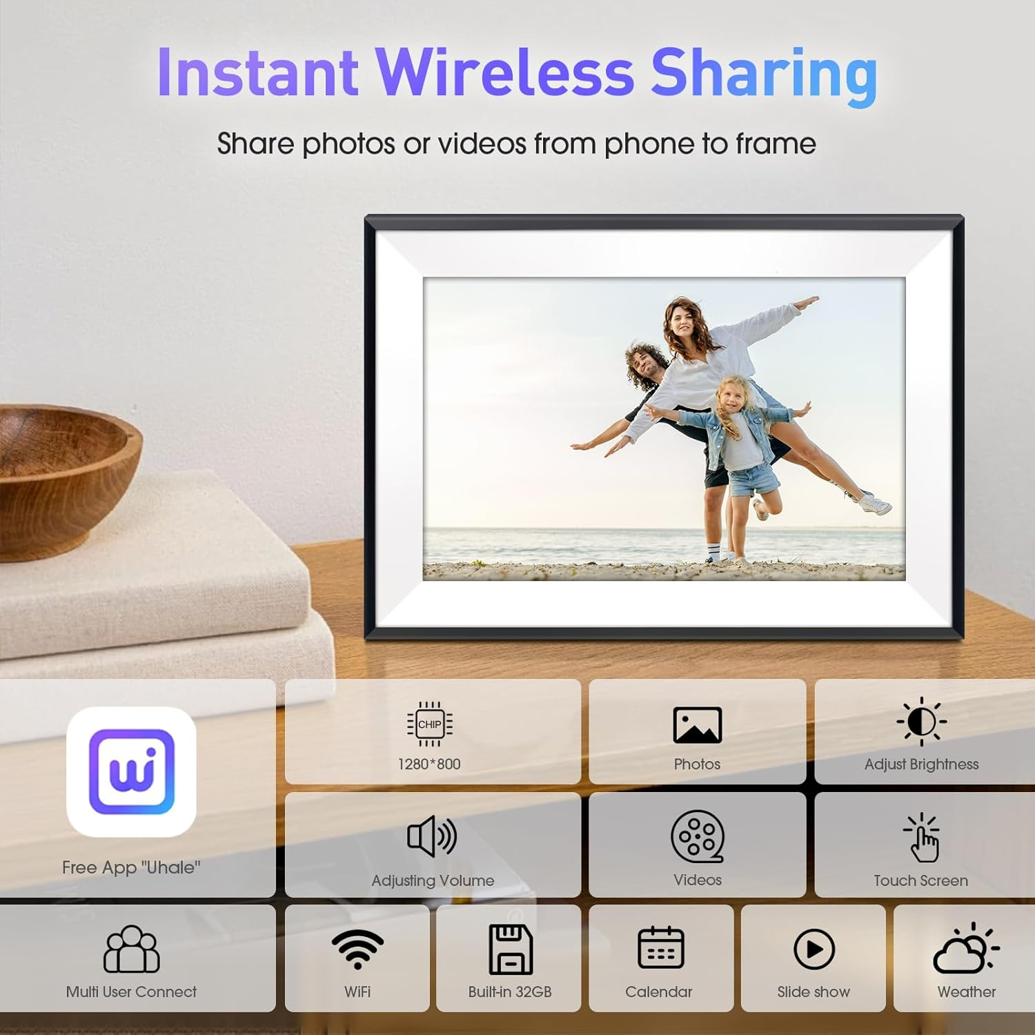 10.1" Digital Picture Frame,1280X800 HD IPS Touch Screen Photo Frame Electronic,32Gb Free Storage,Auto-Rotate,Wall Mounted, Easy Setup，Send Photos/Videos from Phone Instantly via Uhale App,White