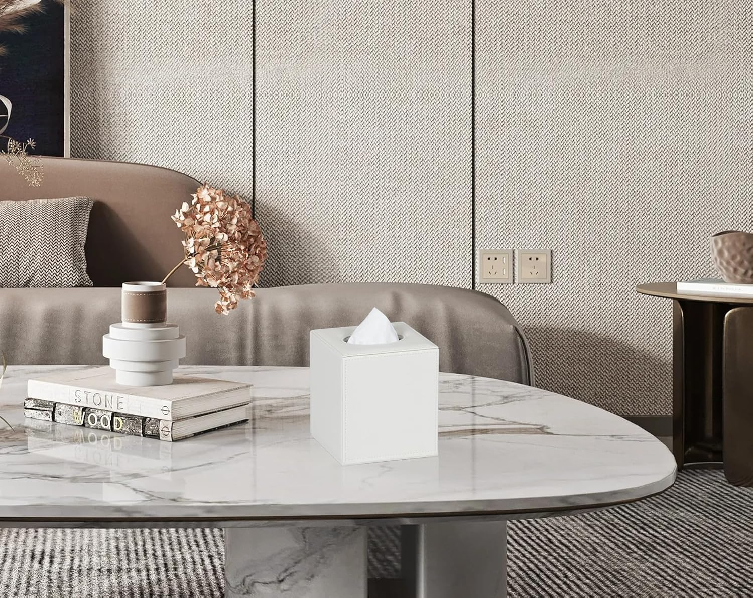 Tissue Box Cover Square Tissue Box Holder for Bathroom (White) - Black image number 4