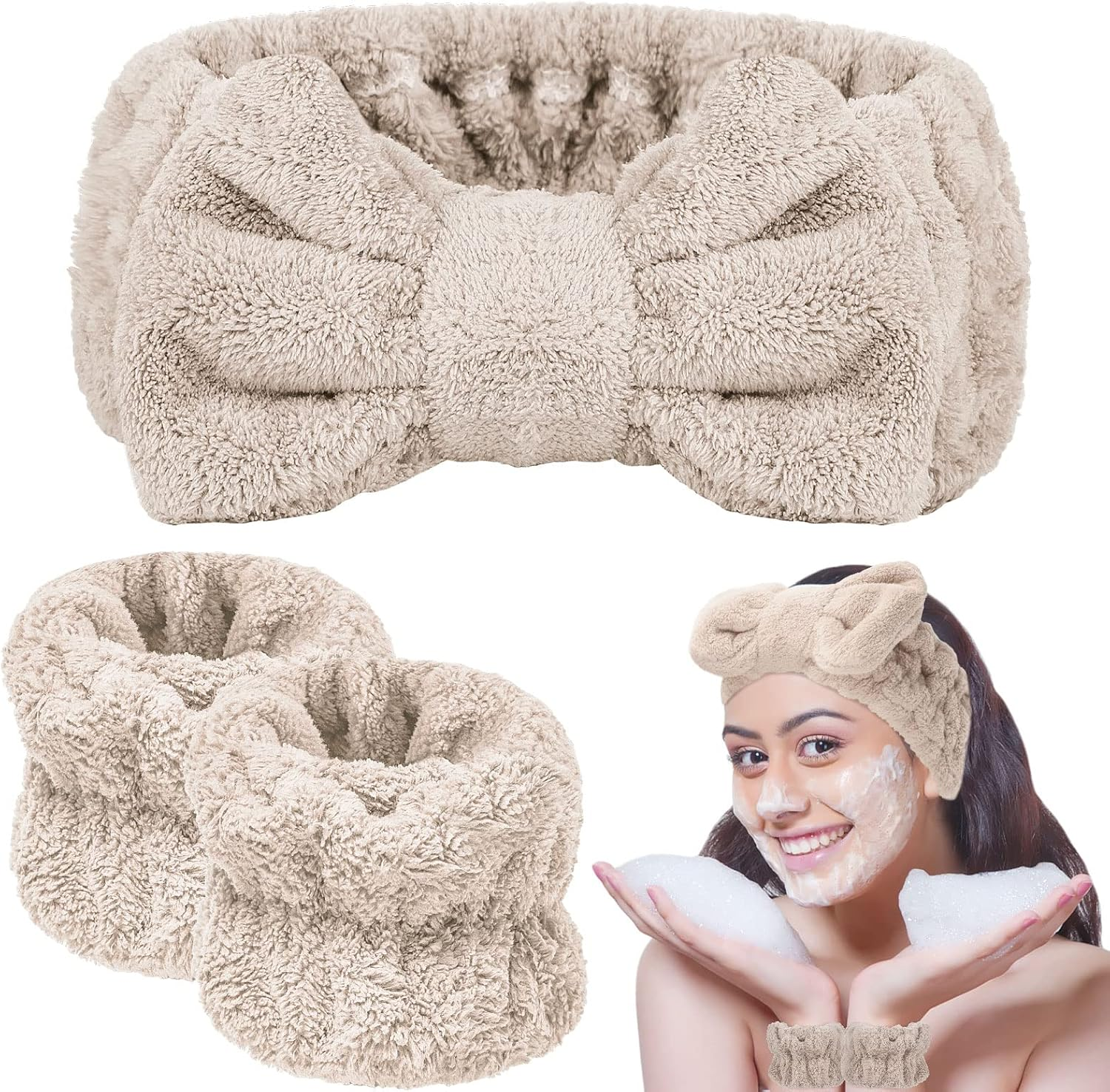 BESARME 3 Pieces Face Wash Headband and Wristband Set Soft Spa Headband and Wrist Towels for Women Makeup Skincare Headbands Wrist Bands for Washing Face(Light Coffee)