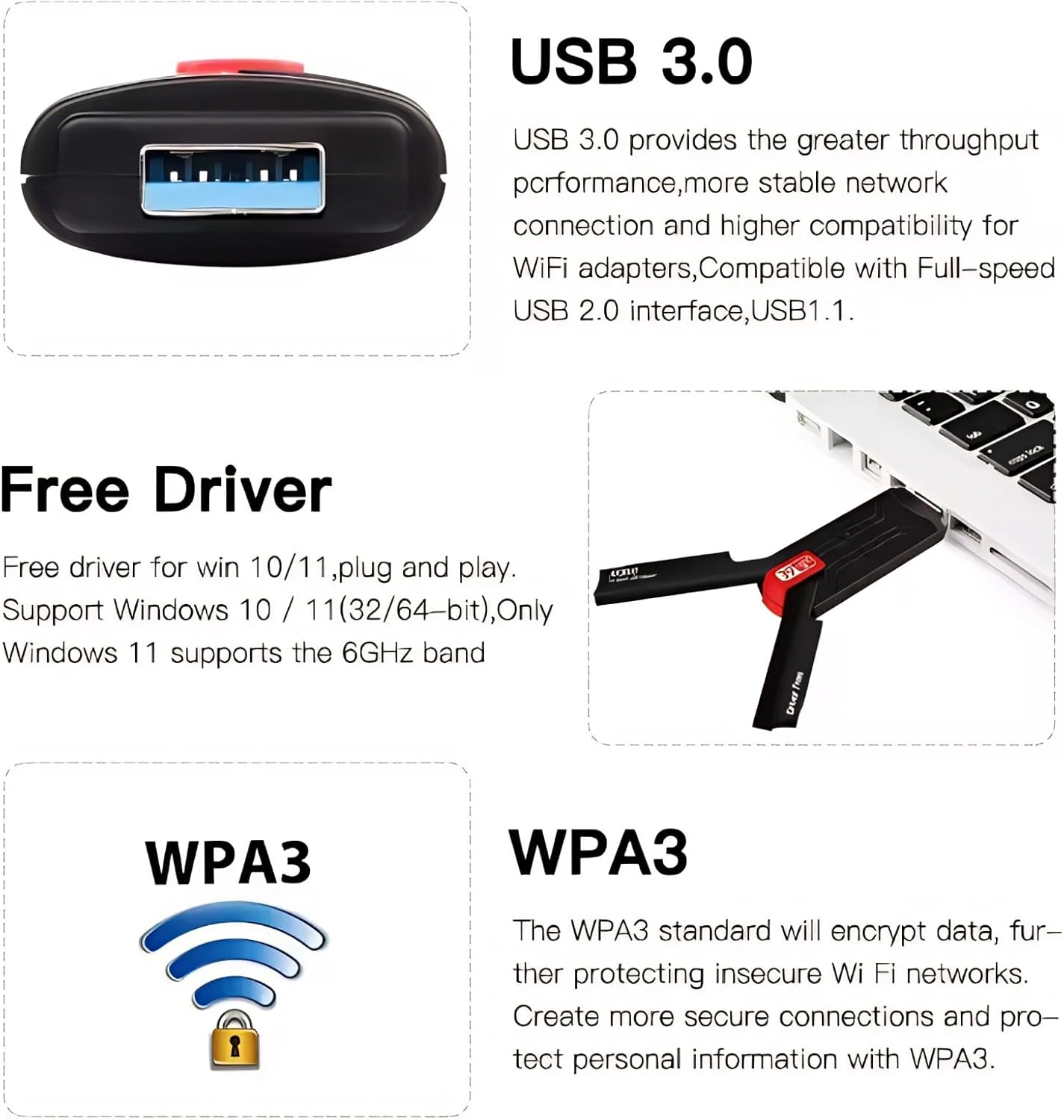 USB Wifi Adapter Wifi 6E Adapter, 5400Mbps Wireless Network Adapter, 2.4/5/6Ghz Tri Band USB 3.0 Wifi Dongle, for Desktop Laptop Pc High Speed AXE5400 Wifi 6E USB Network Adapters image number 2