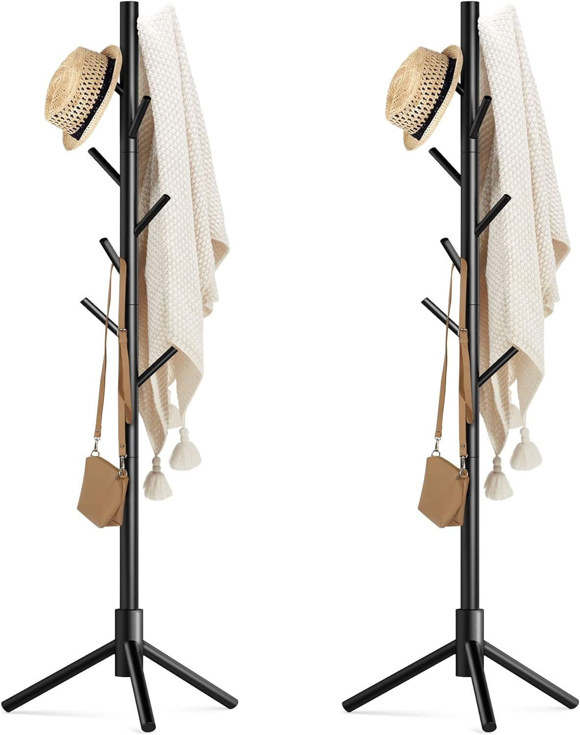 Haddockway Wooden Coat Rack Stand with 8 Hooks New Zealand Pine Adjustable Coat Standing Tree Easy Assembly for Coats, Hats, Scarves and Handbags for Entryway, Hallway, Bedroom, Office,2 PCS