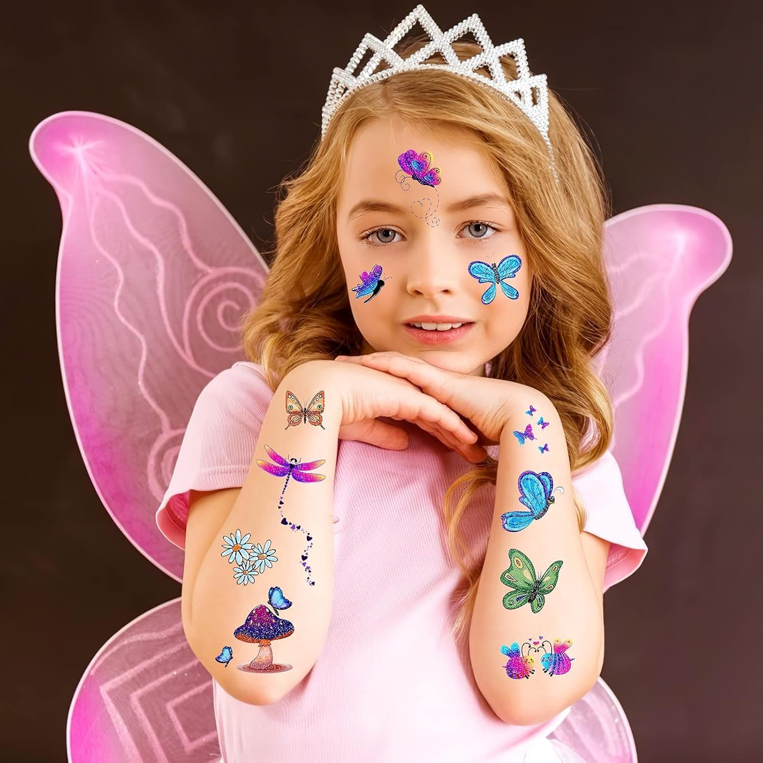 Taicols Glitter Temporary Tattoo for Girls, 24 Pcs Sheets Butterfly Mermaid Fairy Flowers Tattoo Stickers for Kids, Waterproof Fake Tattoos for Birthday Party Favors Goodie Bags Stuffers Party Fillers image number 1