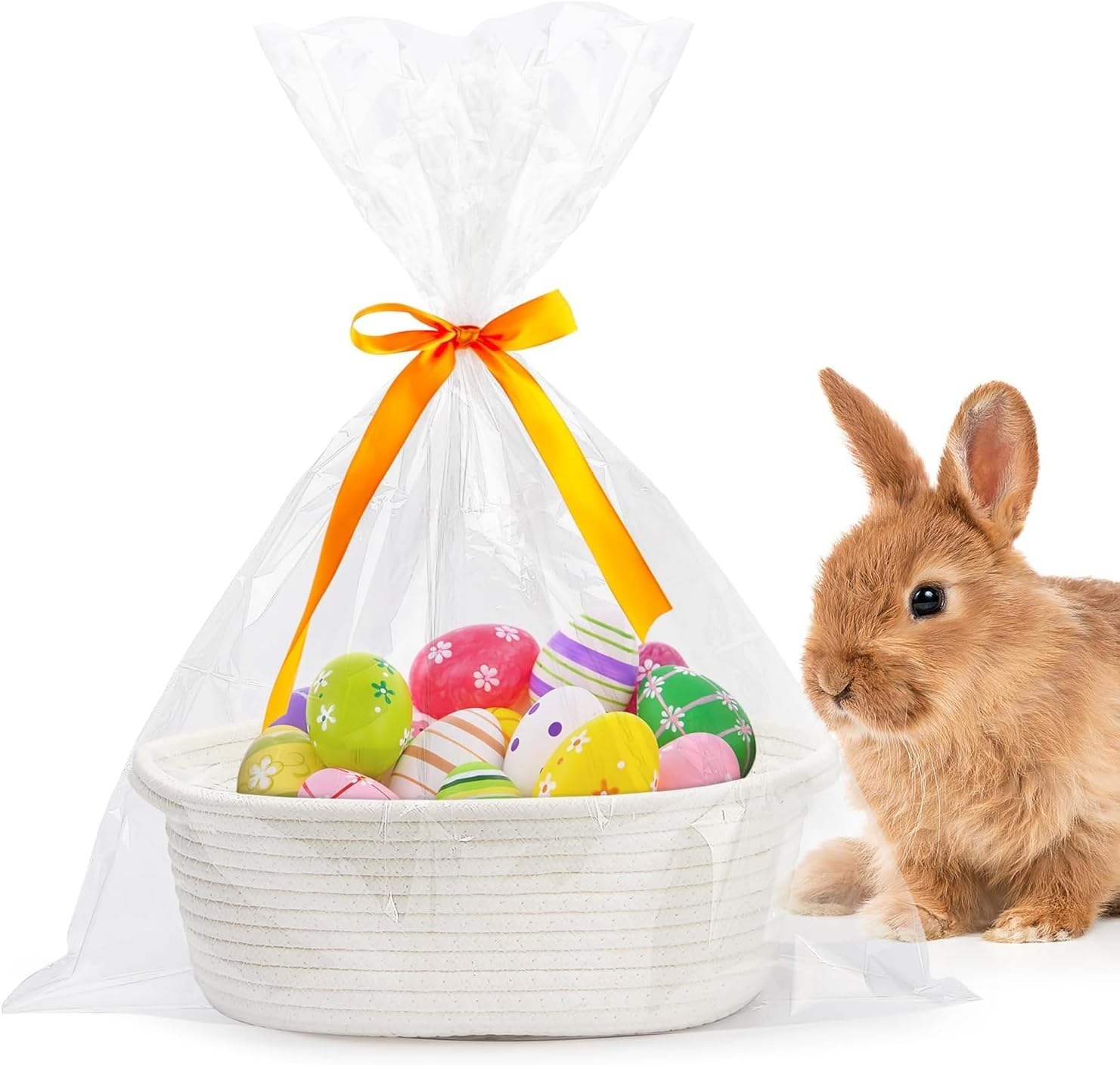 Small Woven Basket with Gift Bags and Ribbons,Diy Basket Gift Set, Empty Small Rope Basket for Storage 12"X 8" X 5" Baby Toy,Durable Baskets for Valentine/Birthday Gifts (White) image number 4