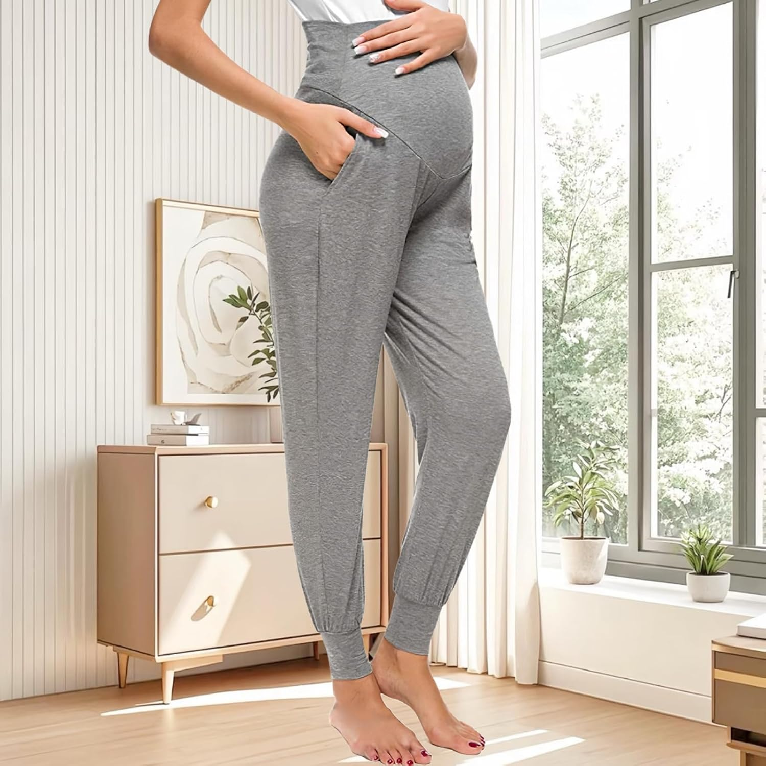 Women'S Maternity Joggers over the Belly Pregnancy Trousers Stretchy Sweatpants with Pockets Workout Sports Activewear Loungewear Maternity Clothes Pants image number 4