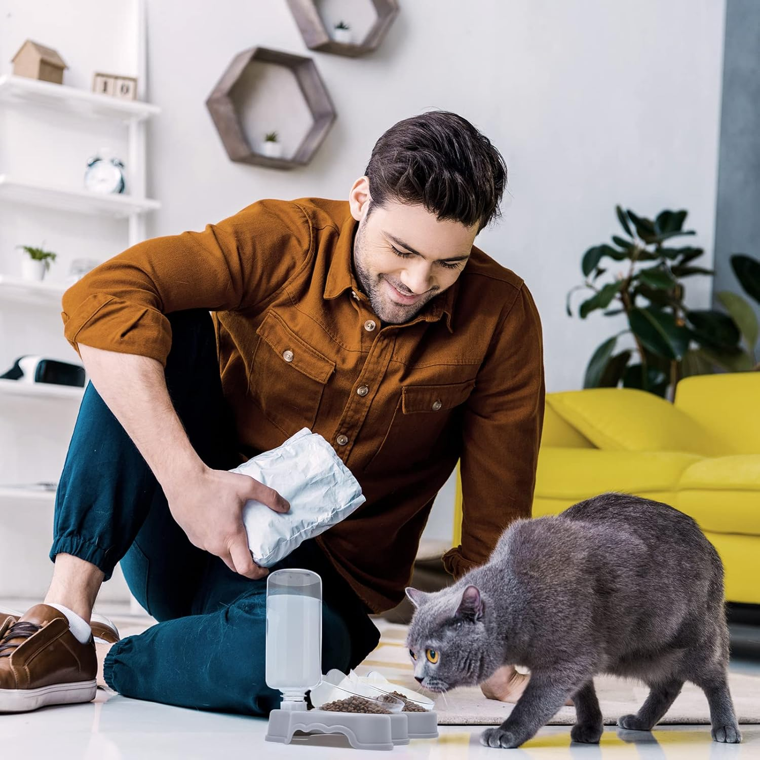 JOELELI Cat Bowls, Double Feeding Bowls for Pets, 15&deg; Tilted Dog Bowl with Automatic Water Bottle and Mat, Cat Bowl, Perfect for Puppies, Cats and Small Dogs image number 5