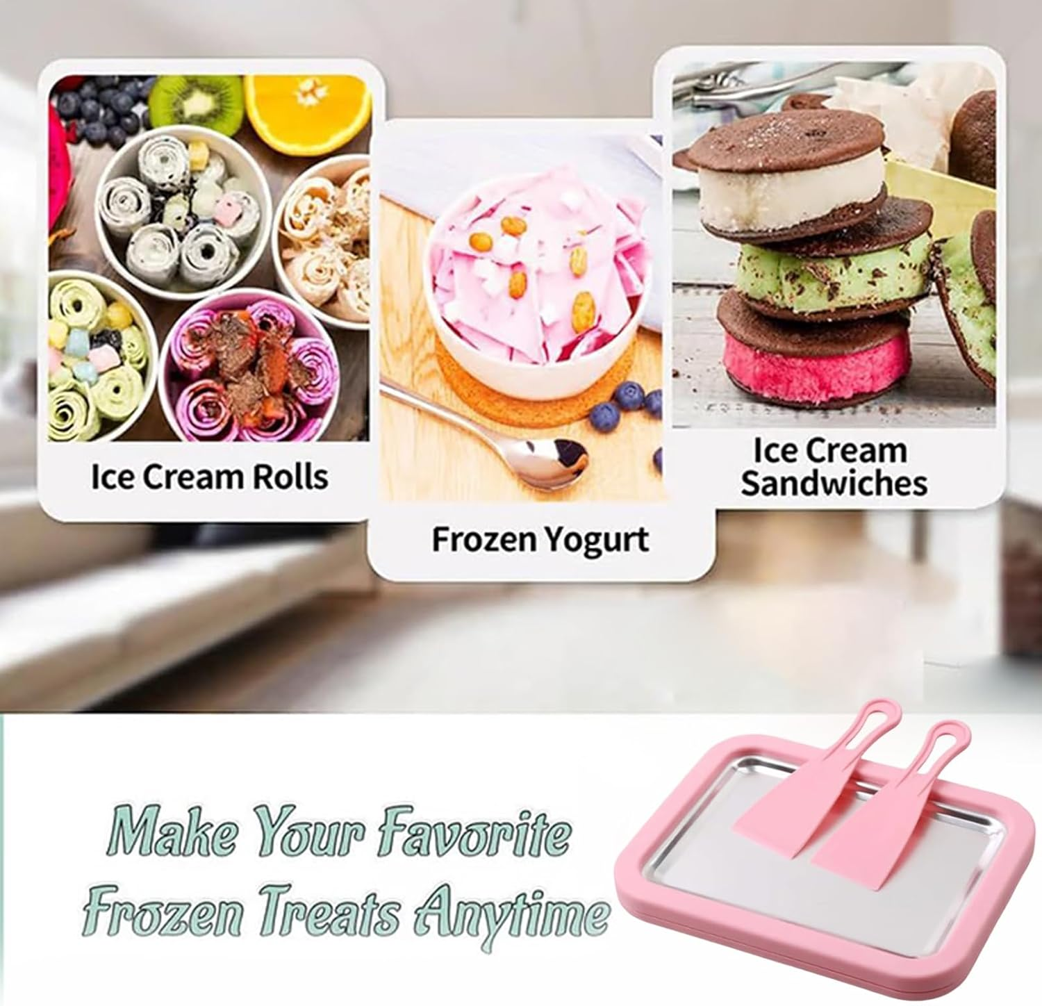 Ice Cream Roller Maker, Instant Portable Stainless Steel, Homemade Yogurt Tray with 2 Spatulas, for Yogurt Sorbet Soft Serve Slushies Dessert Kids Adults Home Kitchen Party - Pink image number 6
