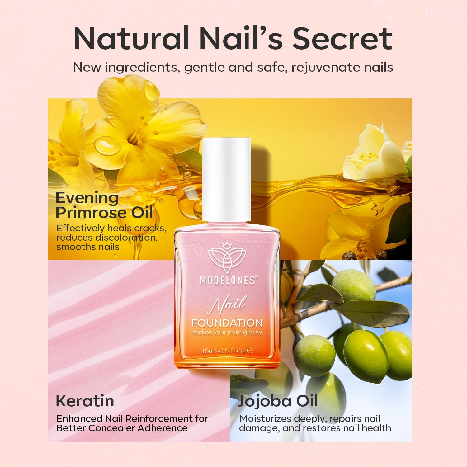 Modelones Nail Strengthener, Sparkle Pink Nail Natural Concealer Foundation Polish Air Dry Nail Growth Polish for Damaged Nails Imperfection Masking Gifts for Women 15Ml image number 4