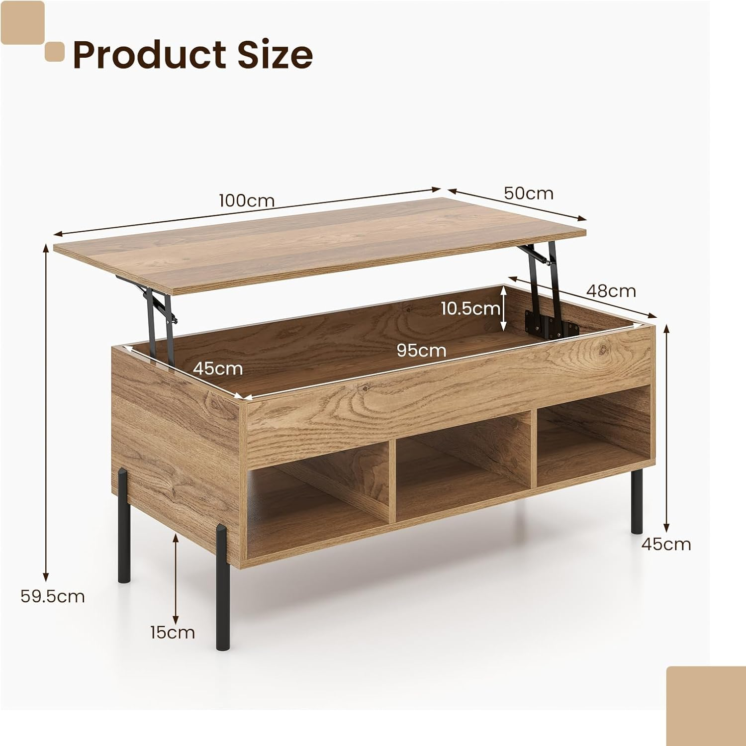 Giantex Lift Top Coffee Table, Rising Center Table with Large Hidden Compartment, Lifting Tabletop and 3 Open Cubbies, Cocktail Snack Table with Large Storage, Modern Living Room Table, Natural image number 1