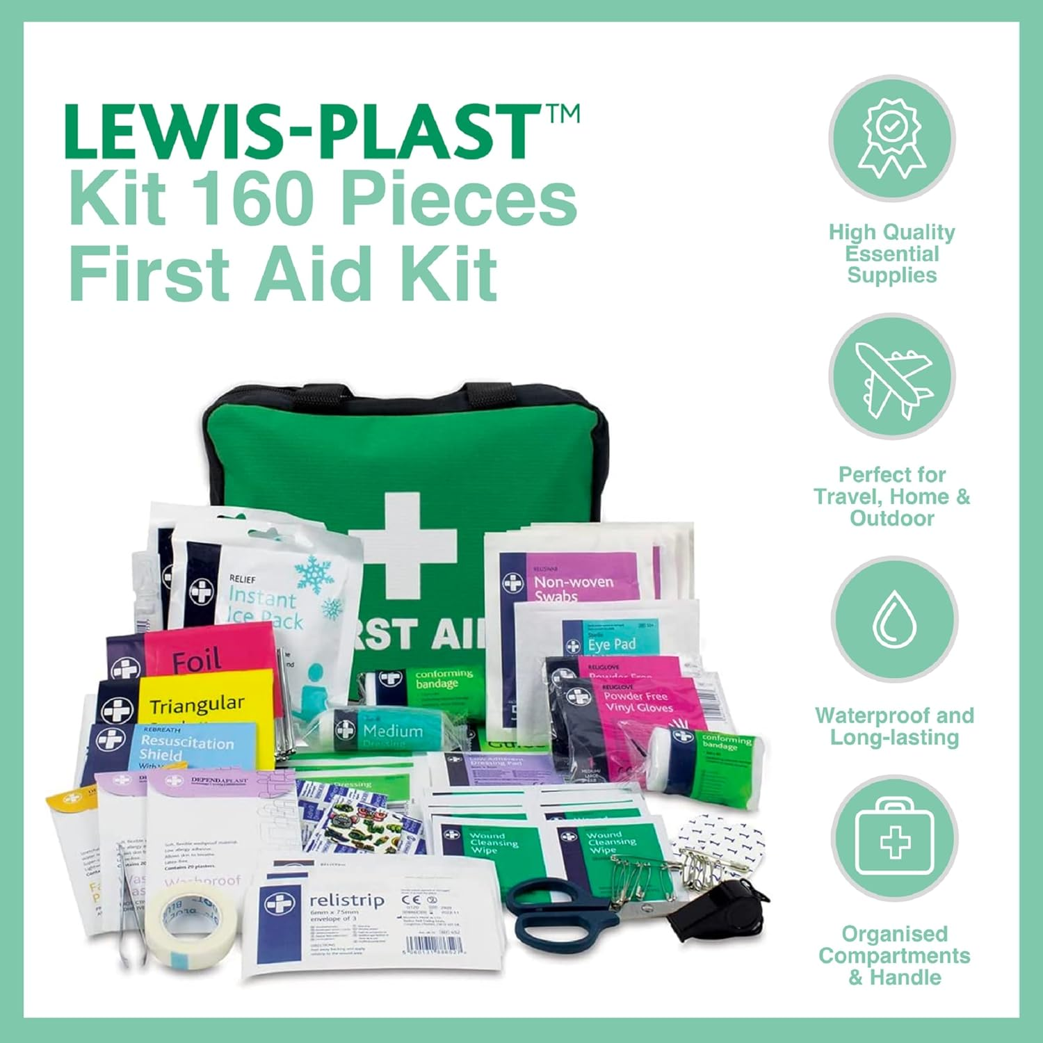 Lewis-Plast First Aid Kit Bag - 160 Piece Survival Kits - Safety Essentials for Travel Car Home Camping Work Hiking Holiday - Pack Supplies - Medium