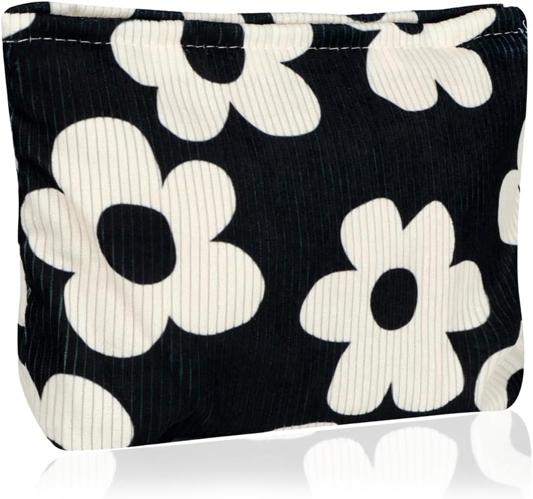 JYNVO Cosmetic Bag Small Flower Make up Bag Women Girls Makeup Bag Organiser for Travel Gift - Black image number 4