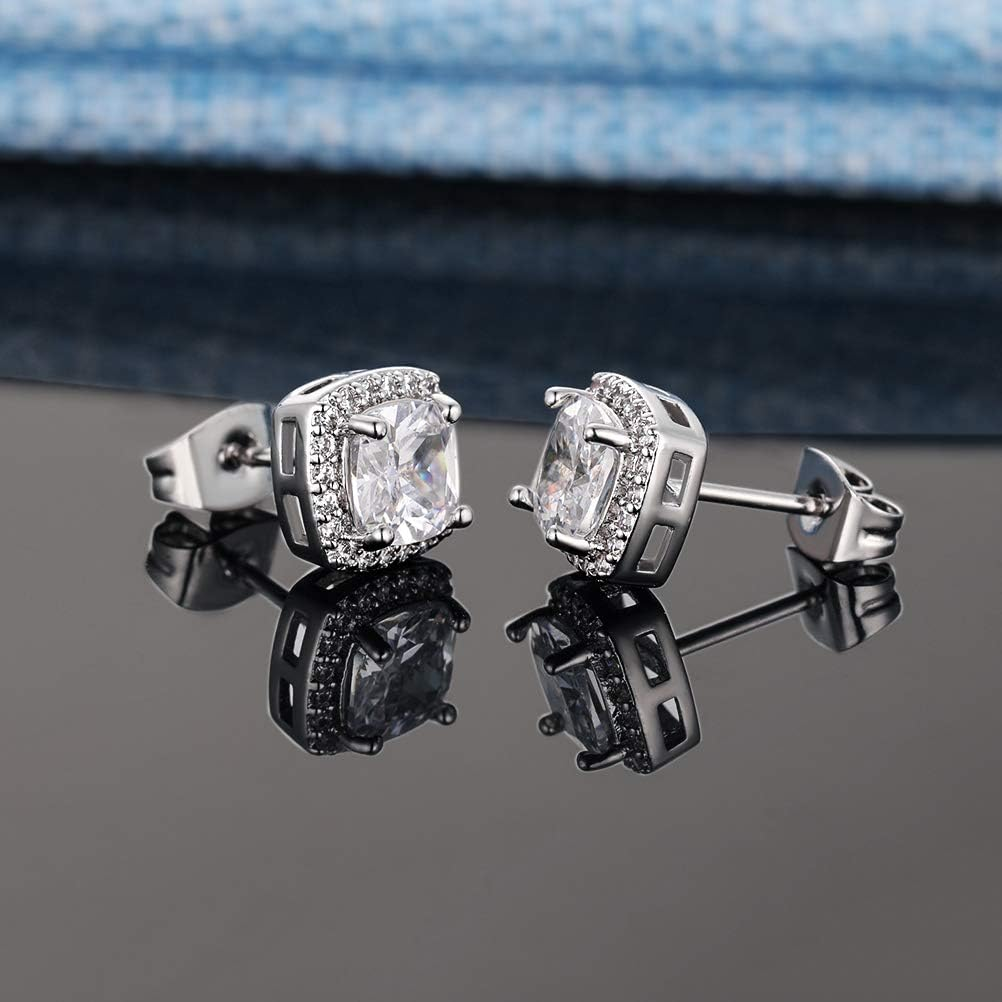 18K White Gold Plated round Square Cubic Zirconia Simulated Diamond Halo Stud Earrings (2 Pairs) image number 1