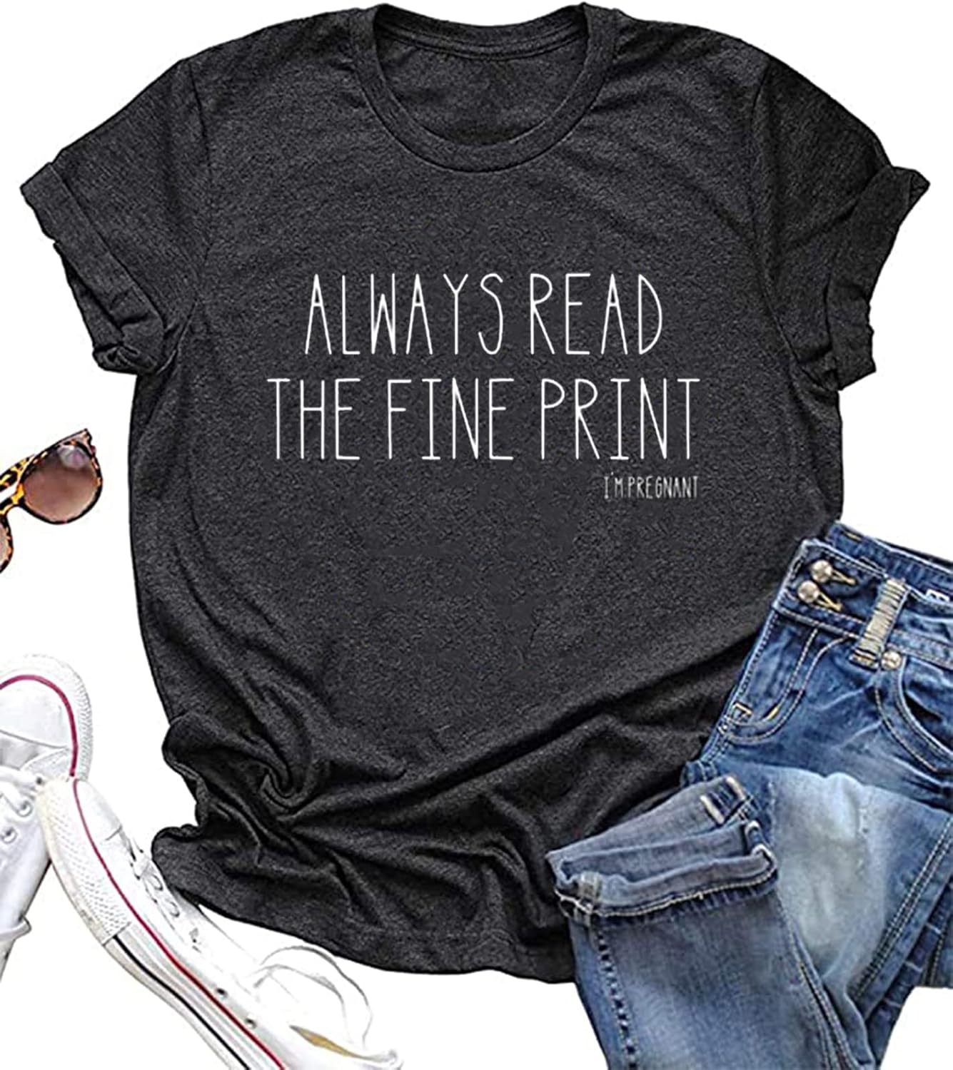 Always Read the Fine Print I'M Pregnancy T-Shirt Women Funny Maternity Shirt Casual Letter Print Graphic Tee Tops image number 3
