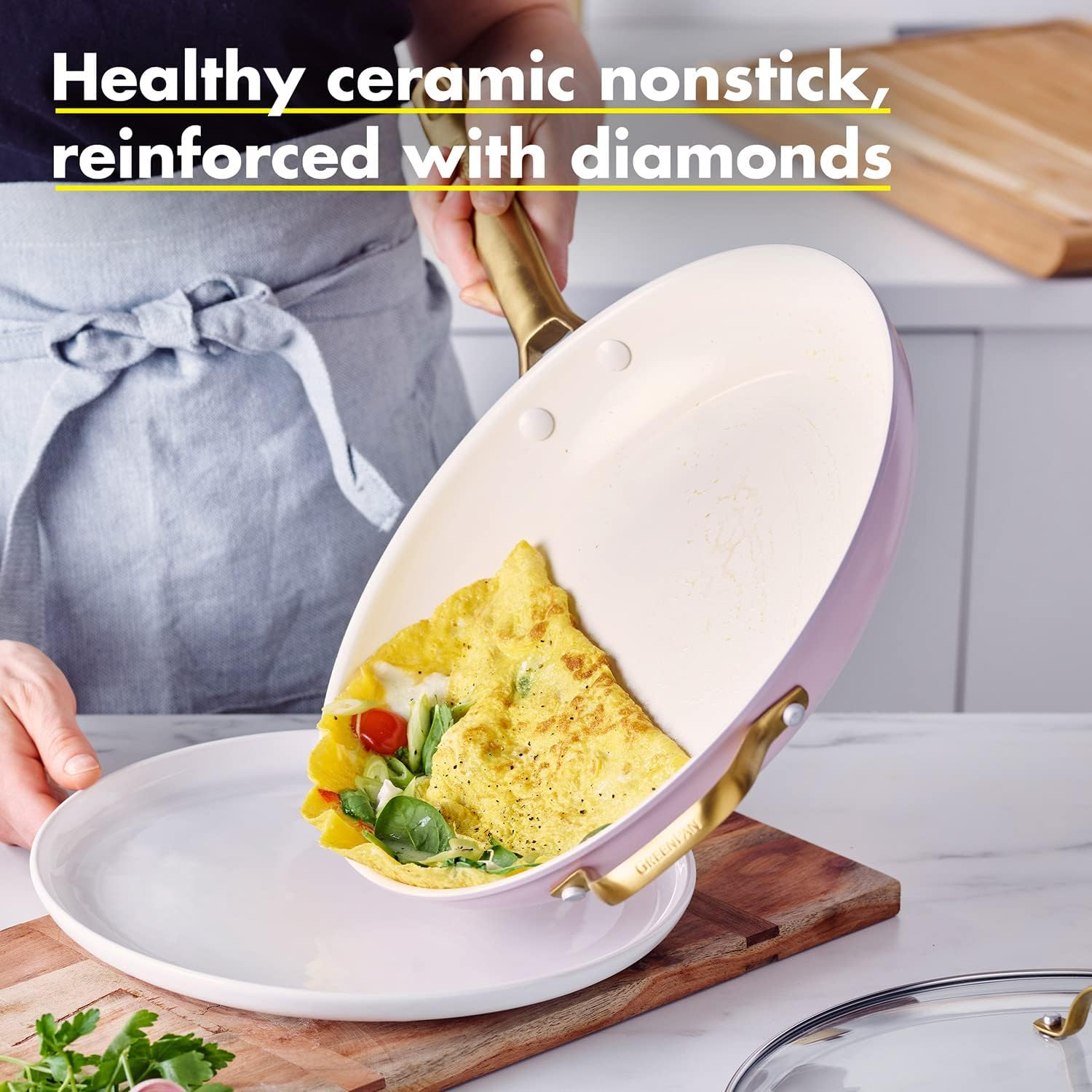 Greenpan Reserve Hard Anodized Healthy Ceramic Nonstick 30Cm Frying Pan Skillet with Helper Handle and Lid, Gold Handle, Pfas-Free, Dishwasher Safe, Oven Safe, Blush Pink image number 4
