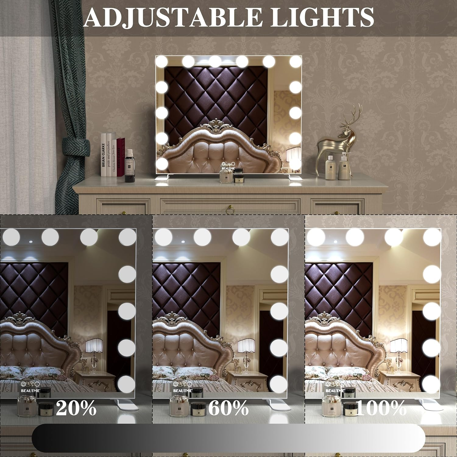 Vanity Mirror with Lights, White Hollywood Lighted Makeup Mirror with 14 Dimmable LED Bulbs for Dressing Room & Bedroom, Tabletop or Wall-Mounted, 60X50.7Cm image number 5