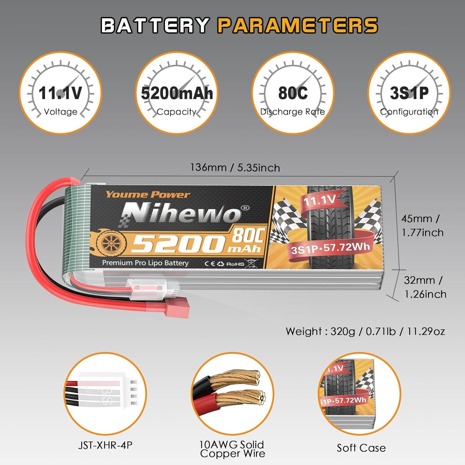 2Packs 3S Lipo Battery, RC Lipo Battery 11.1V 5200Mah 80C Deans T Connector Compatible with 1/8 1/10 RC Car Truck Truggy Vehicles Tank Boat Airplane Helicopter Models