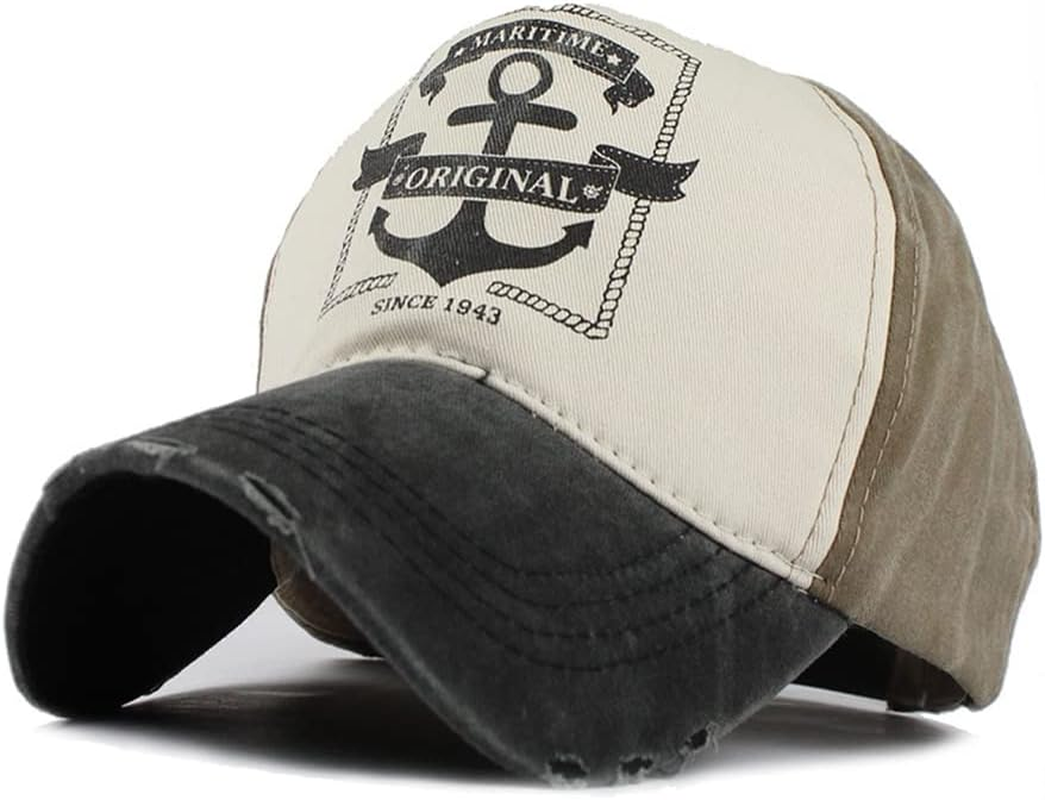 YULOONG Vintage Baseball Cap Washed Denim Fashion Anchor Pattern Outdoor Sun Hat for Men Women 100% Cotton