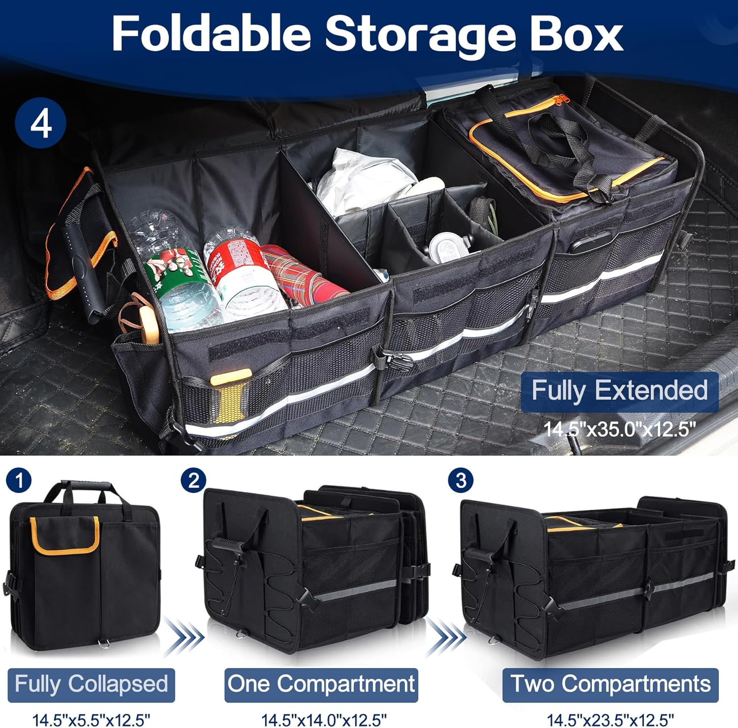 Car Trunk Organizer, Foldable Boot Organizer Built-In Leakproof Cooler, Multipurpose Automotive Travel Storage Bag Wtih Adjustable Securing Straps, Cargo Storage Accessories for SUV, Truck, Sedan, RV image number 3