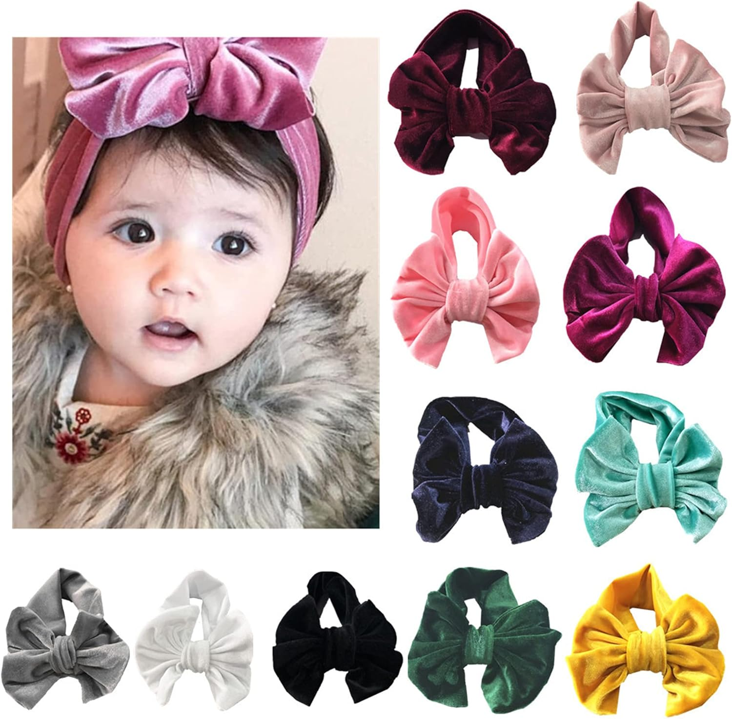 Volksrose Handmade Velvet11Colors/Set Hair Ties Big Bow Knotted Headbands Stretch Hairbands Baby Girls Soft Cute Headbands Headwear Hair Accessories for Baby Girl Holiday Headpieces image number 3