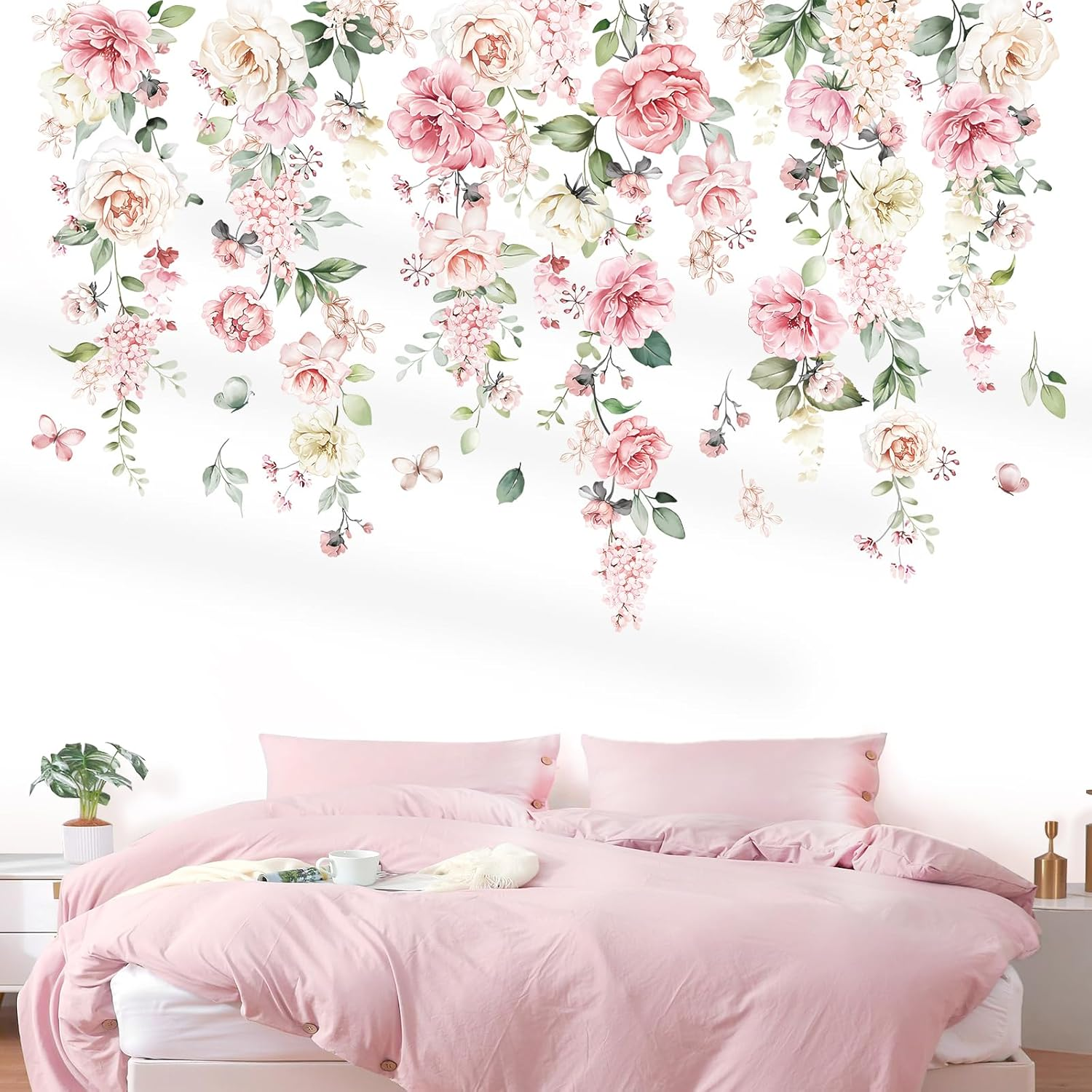 Wondever Large Pink Flowers Wall Stickers Hanging Vine Floral Leaves Peel and Stick Wall Art Decals for Baby Nursery Girls Bedroom Living Room image number 1
