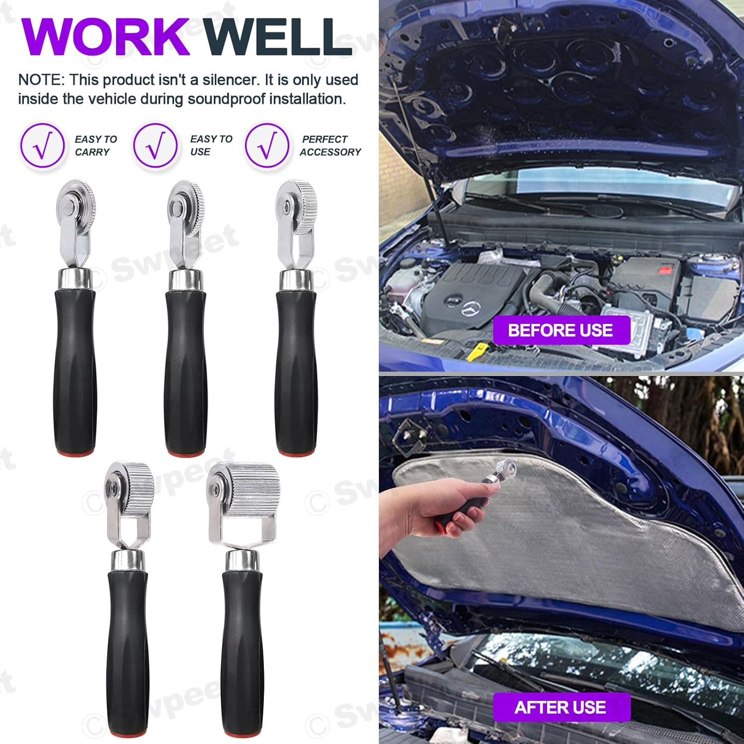 Swpeet 5Pcs 5Sizes Car Sound Deadening Roller Set, Auto Noise Roller Car Sound Deadener, Metal Installation Tool for Auto Car Sound Deadener, Installation Tool Rolling Wheel Interior Accessories image number 4